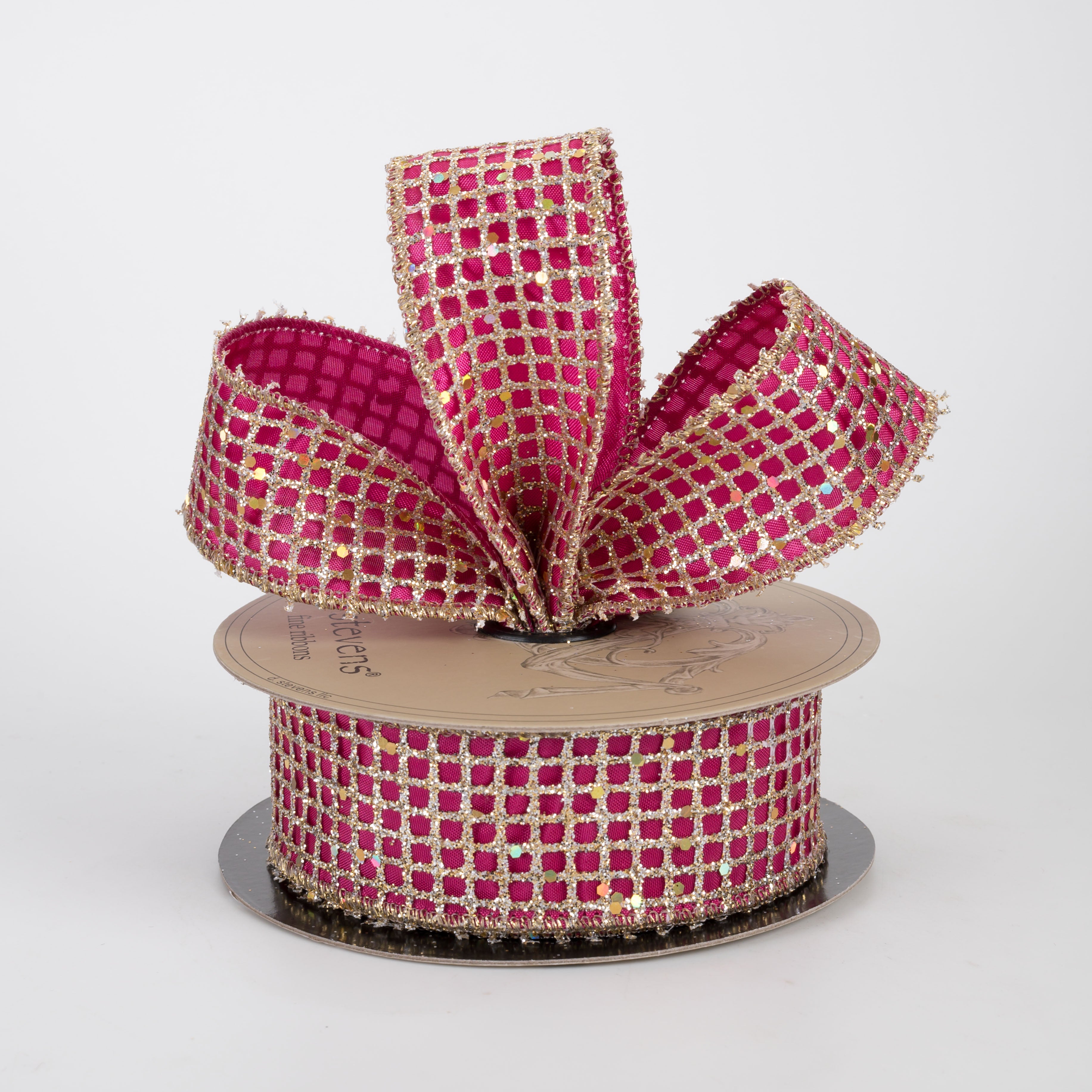 [D Stevens] 1.5" Taffeta Glitter Mesh Ribbon: Champagne & Fuchsia (10 Yards)