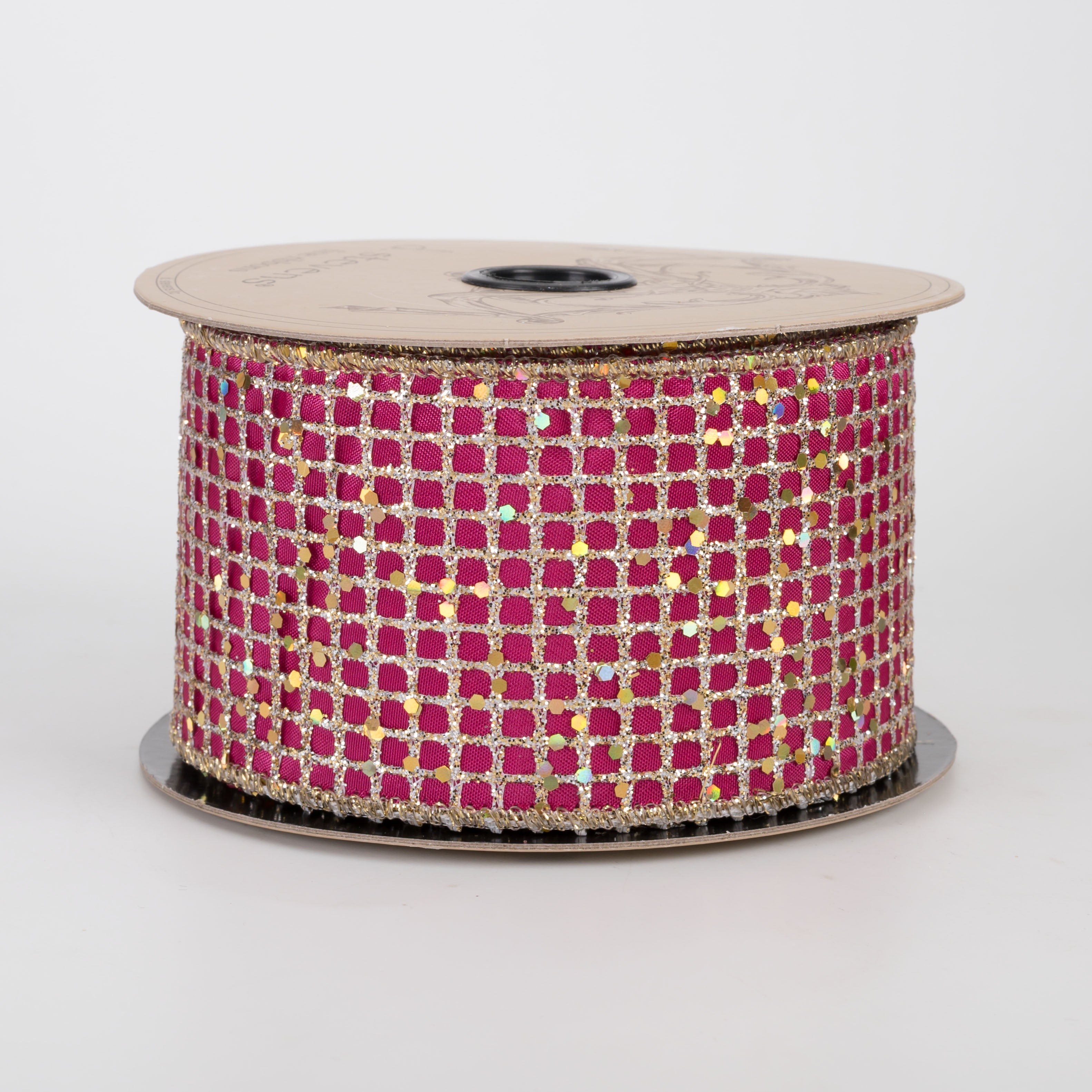 [D Stevens] 2.5" Taffeta Glitter Mesh Ribbon: Champagne & Fuchsia (10 Yards)