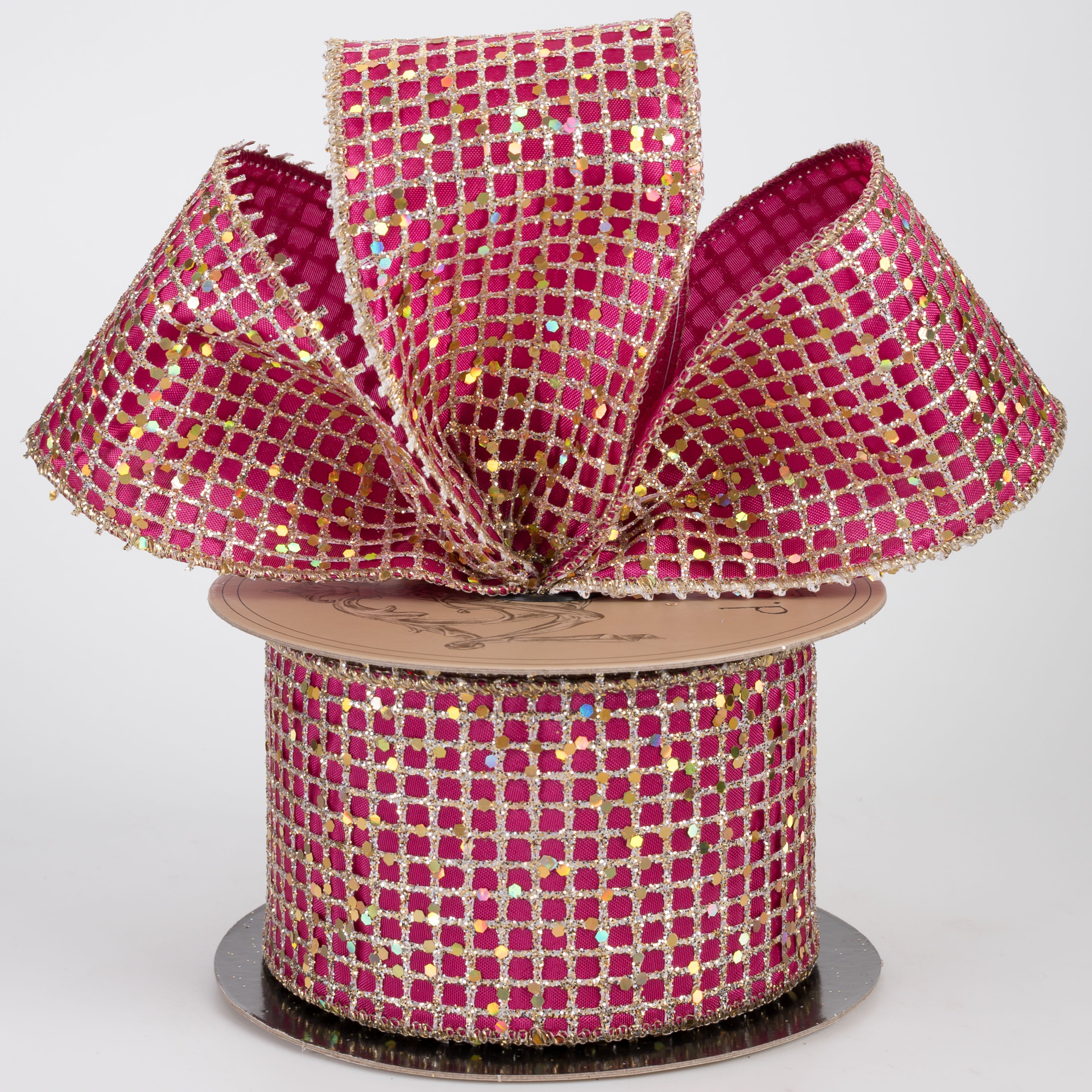 [D Stevens] 2.5" Taffeta Glitter Mesh Ribbon: Champagne & Fuchsia (10 Yards)