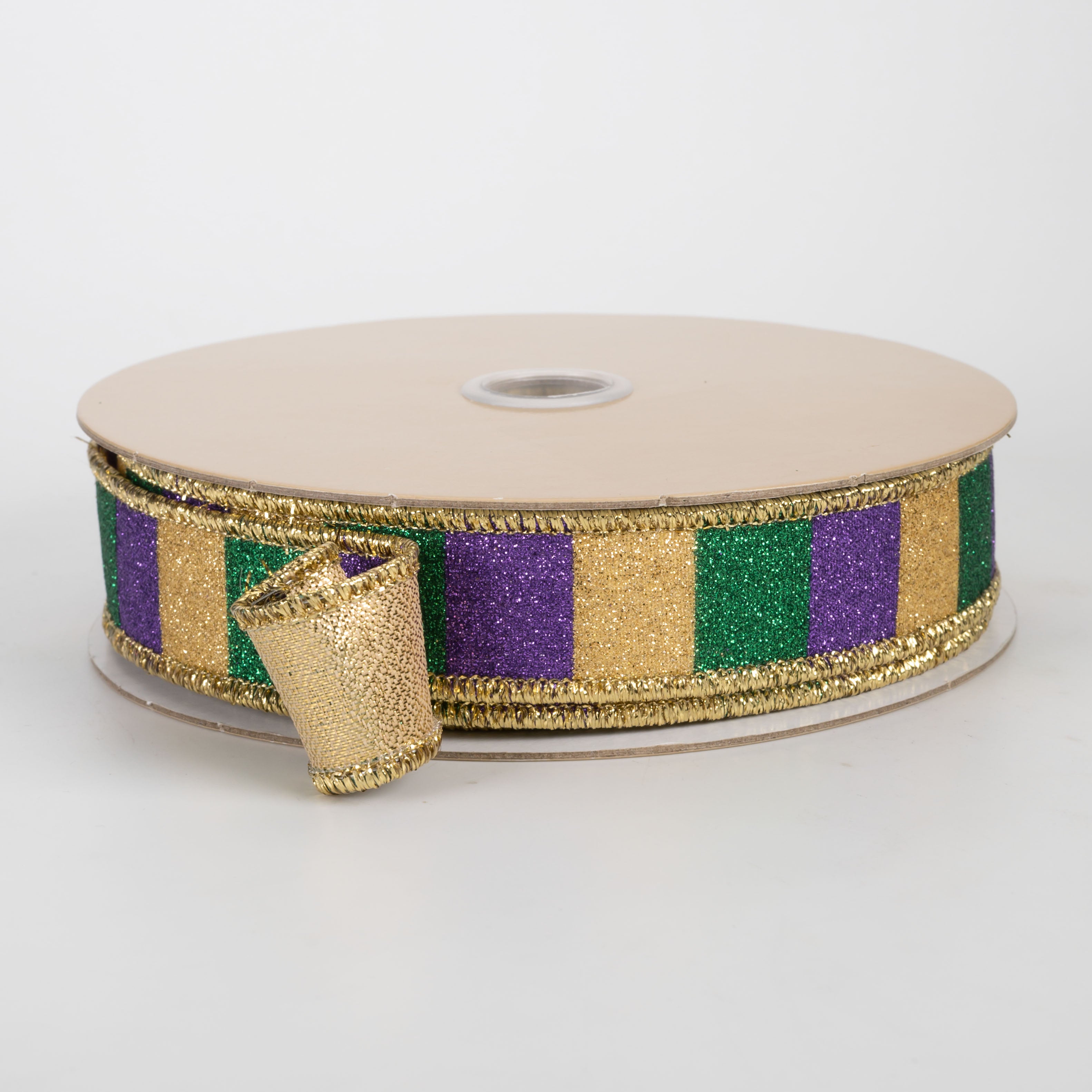 7/8" Double Sided Fused Glitter Stripes Ribbon: Mardi Gras (10 Yards)