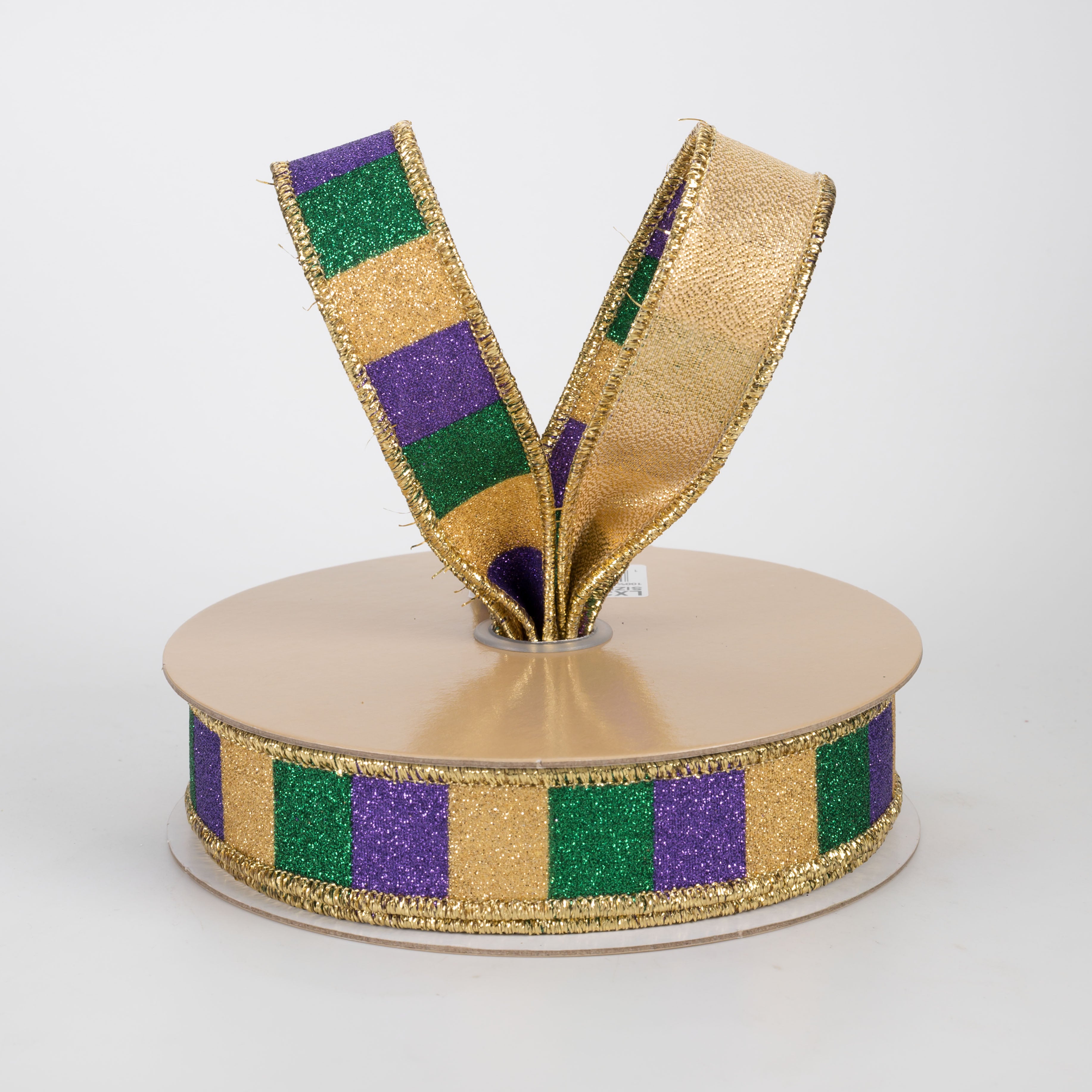 7/8" Double Sided Fused Glitter Stripes Ribbon: Mardi Gras (10 Yards)