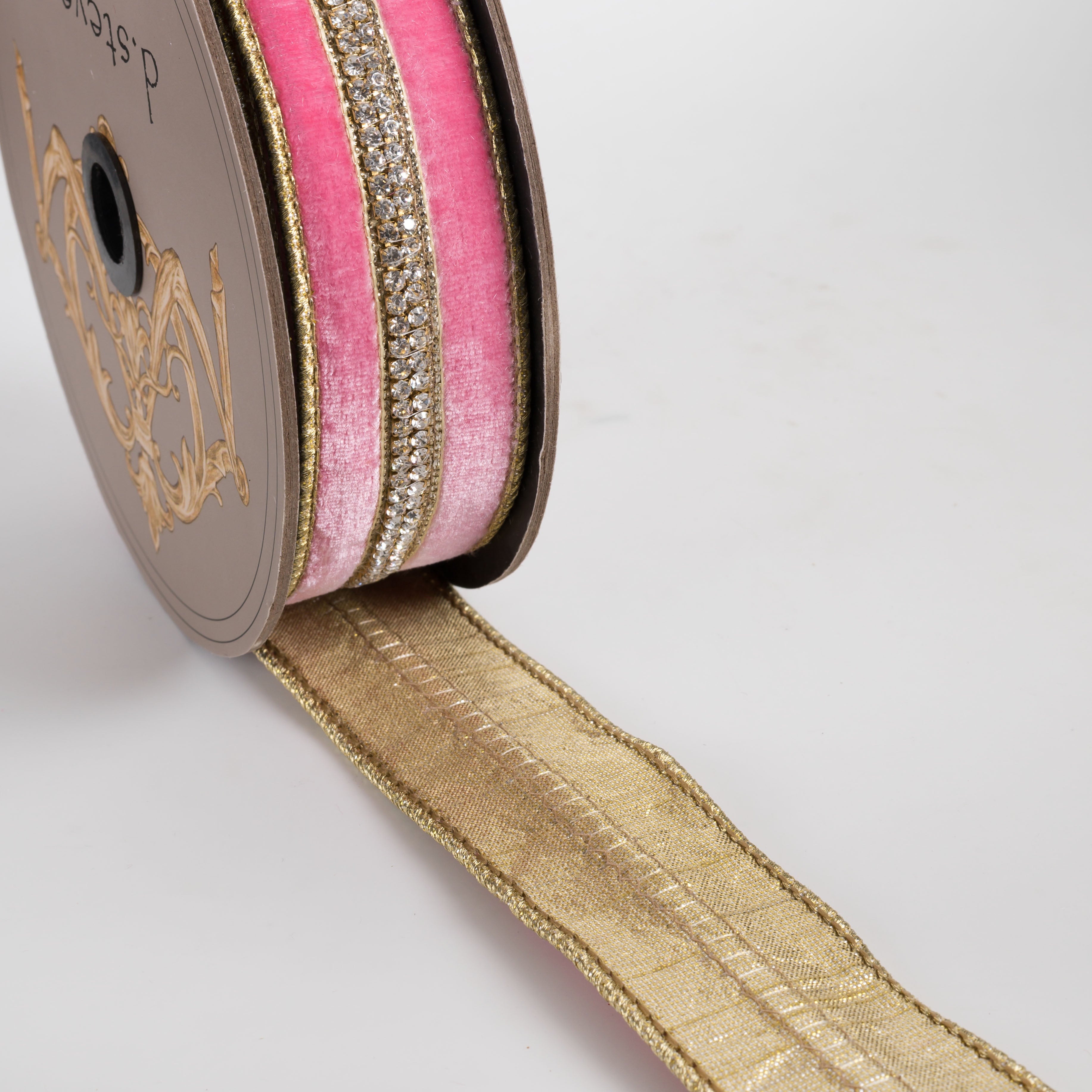 [D Stevens] 1.5" Velvet Iris Crystal Jewel Trim Ribbon: Pink Lemonade (5 Yards)