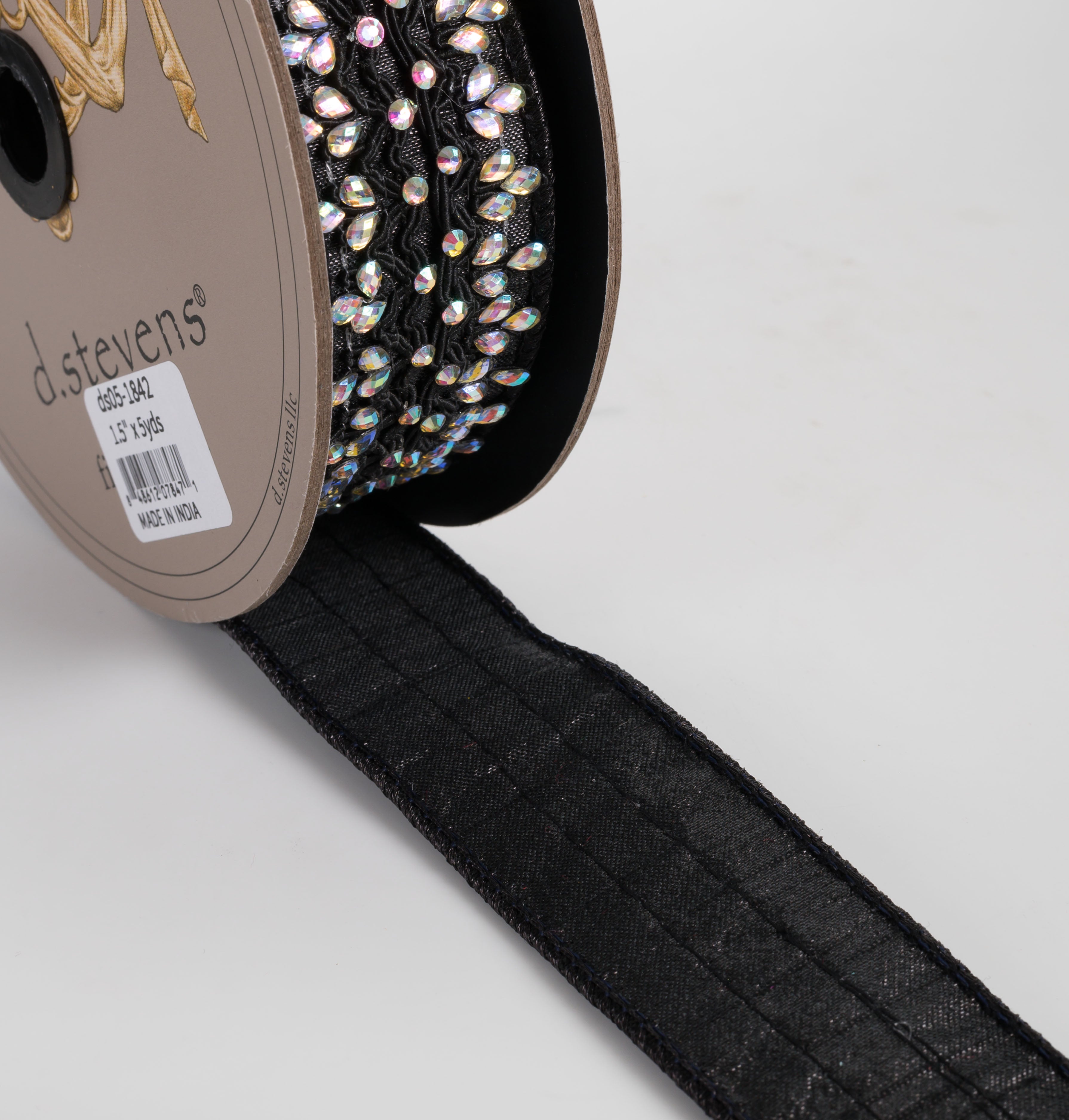 [D Stevens] 1.5" Metallic Dupioni Iris Jewel Ribbon: Black (5 Yards)