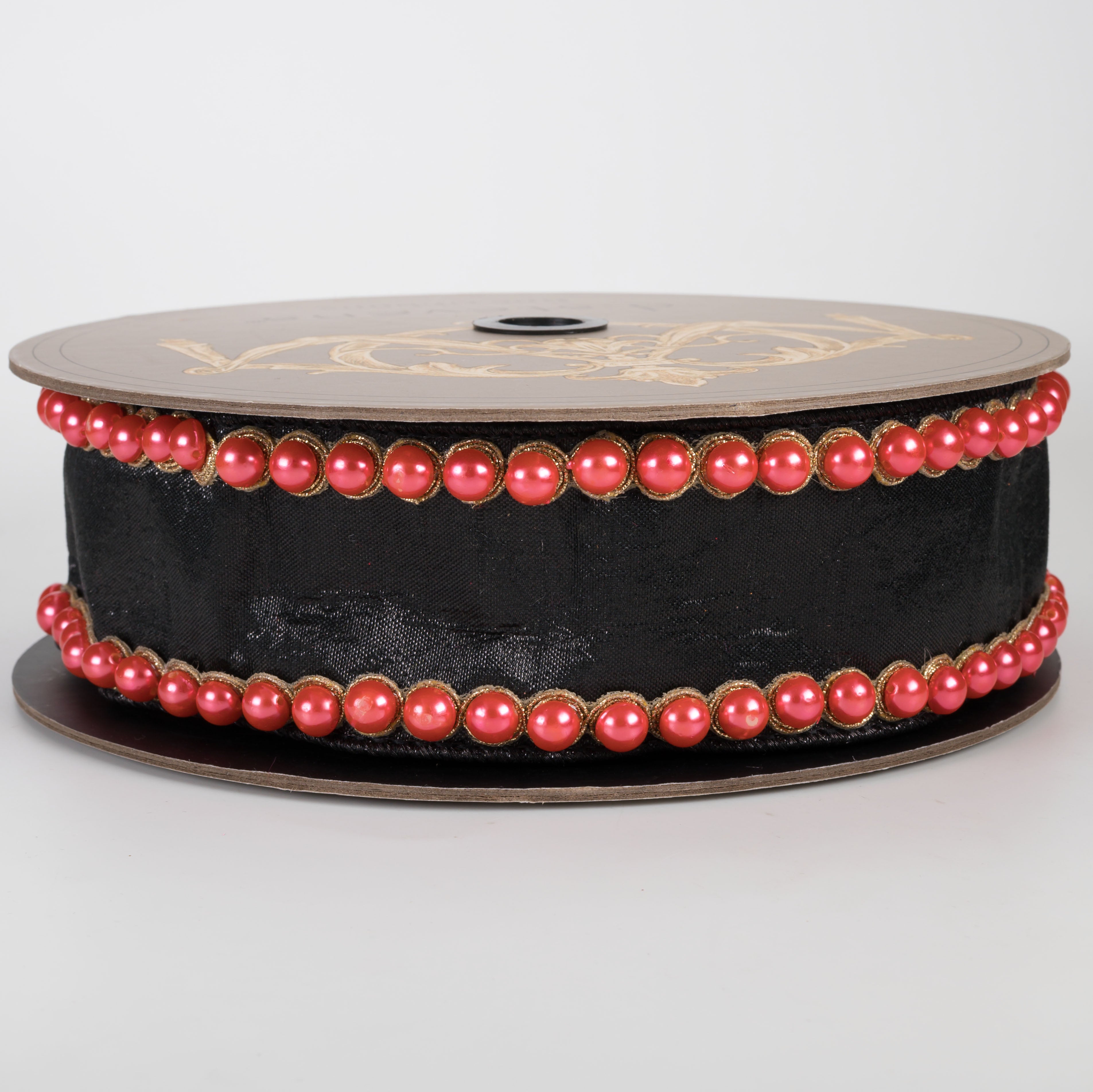 [D Stevens] 2.5" Metallic Dupioni & Pearls Ribbon: Black & Orange (5 Yards)