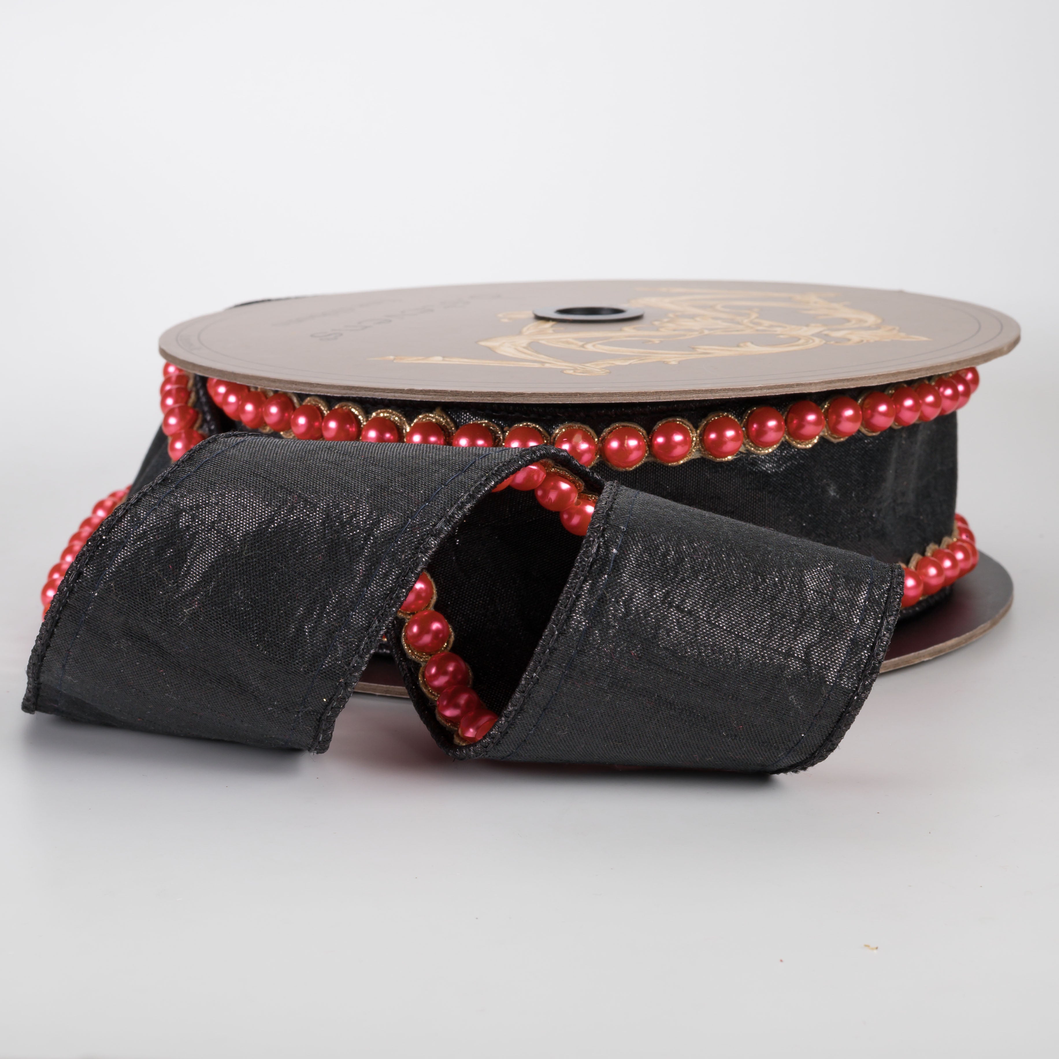 [D Stevens] 2.5" Metallic Dupioni & Pearls Ribbon: Black & Orange (5 Yards)