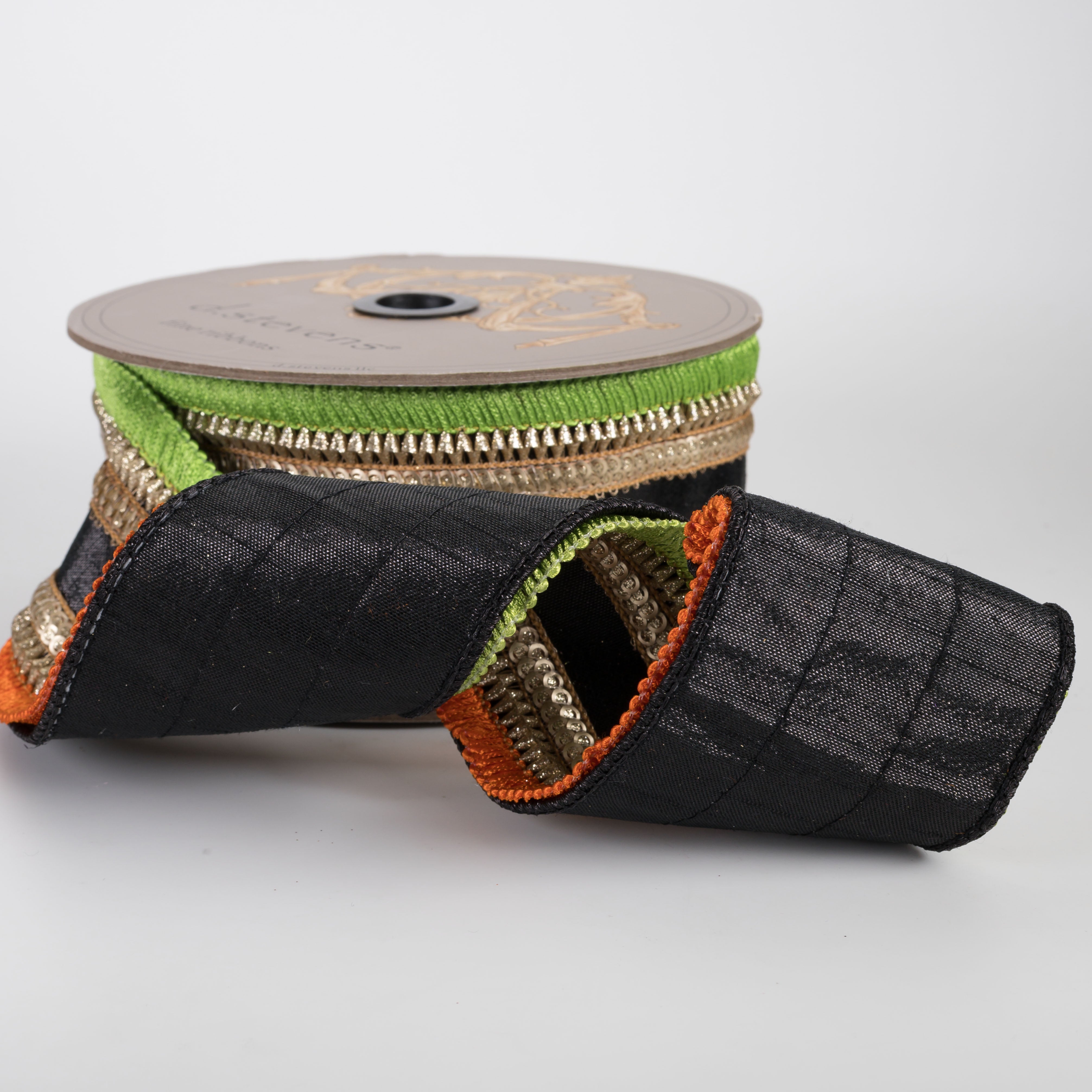 [D Stevens] 2.5" Metallic Dupioni & Sequin Ribbon: Black, Orange & Lime (5 Yards)