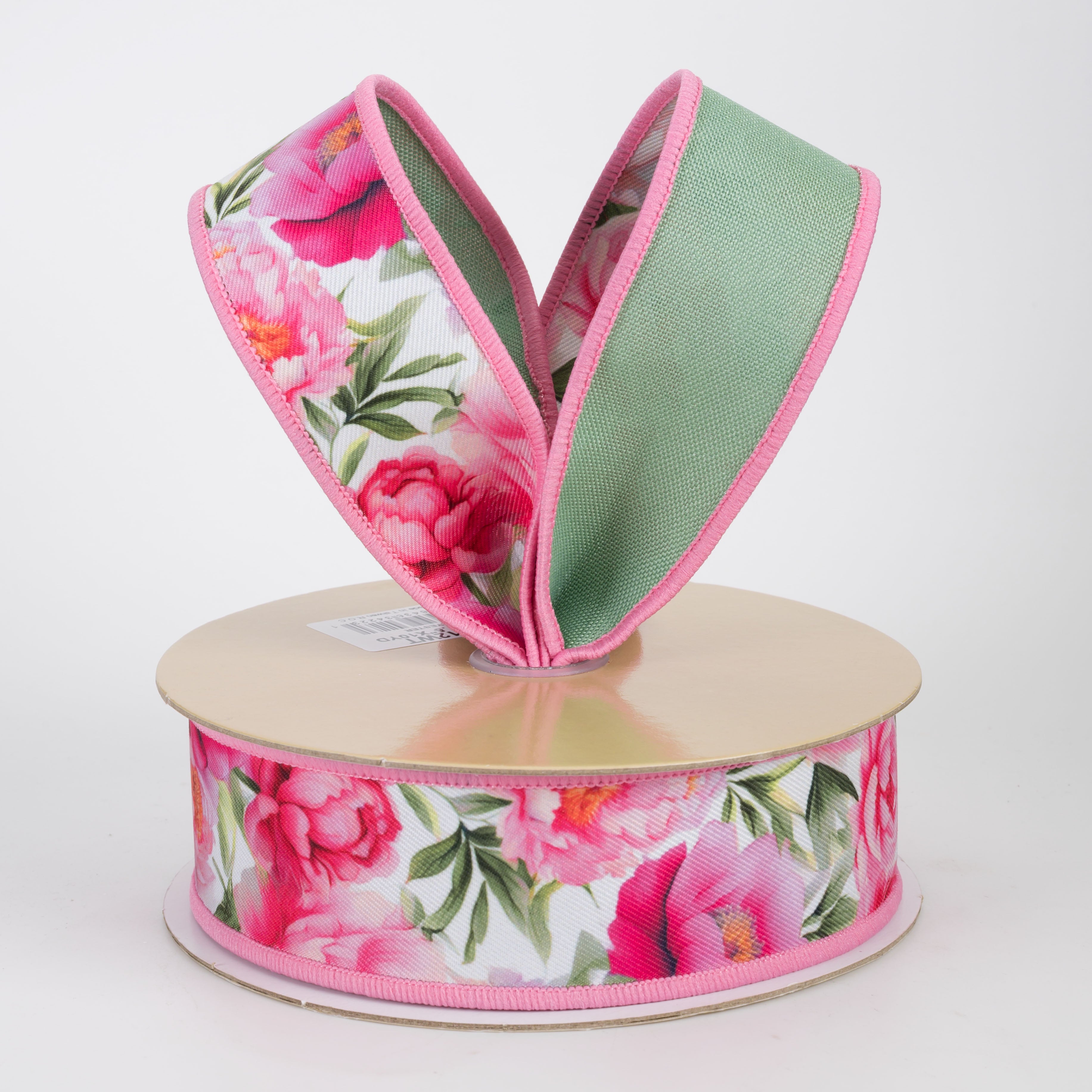 1.5" Double Sided Fused Peonies Ribbon: Pink & Green (10 Yards)