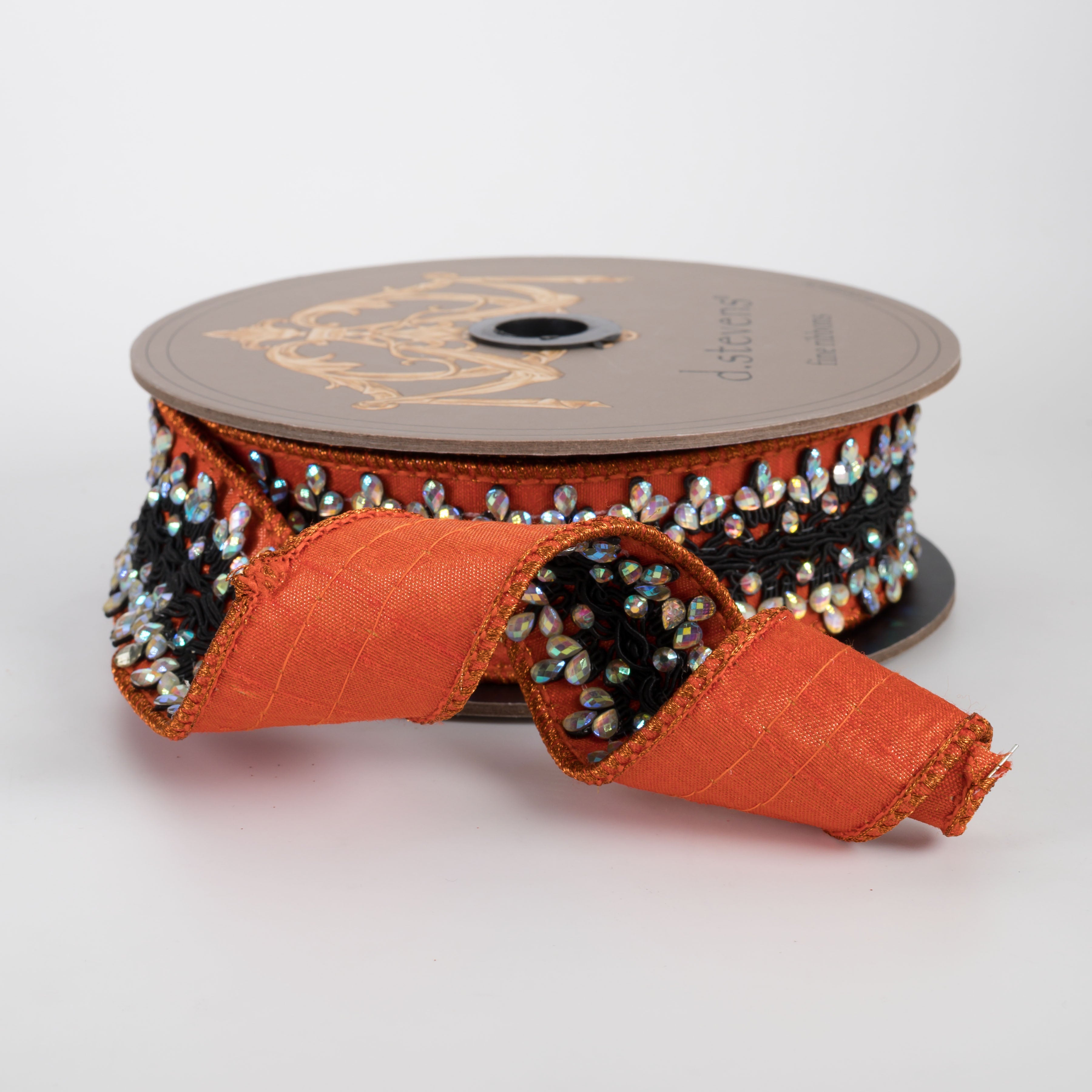 [D Stevens] 1.5" Metallic Dupioni Iris Jewel Ribbon: Black on Orange (5 Yards)