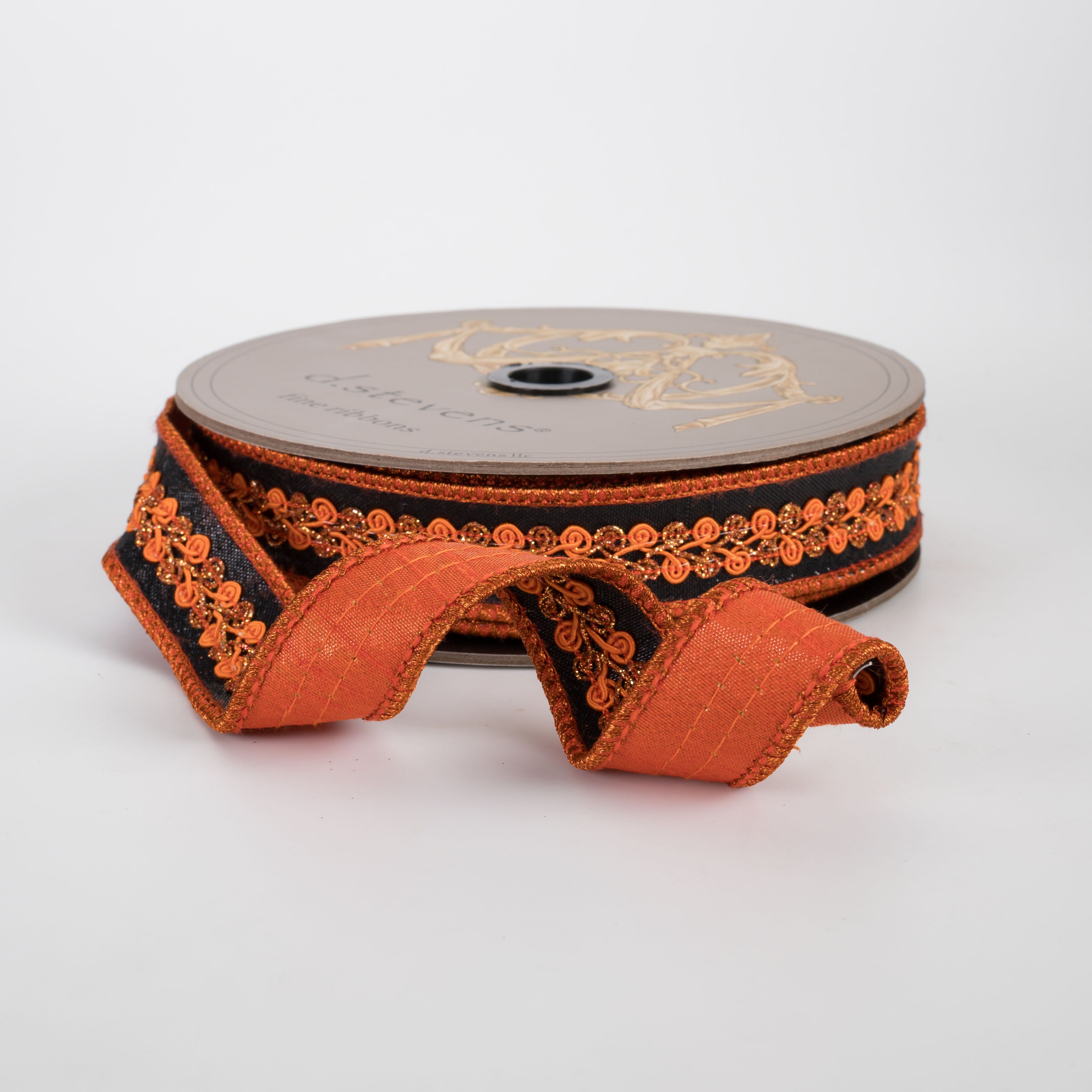 [D Stevens] 1" Metallic Dupioni Center Trim Ribbon: Copper & Orange on Black (10 Yards)