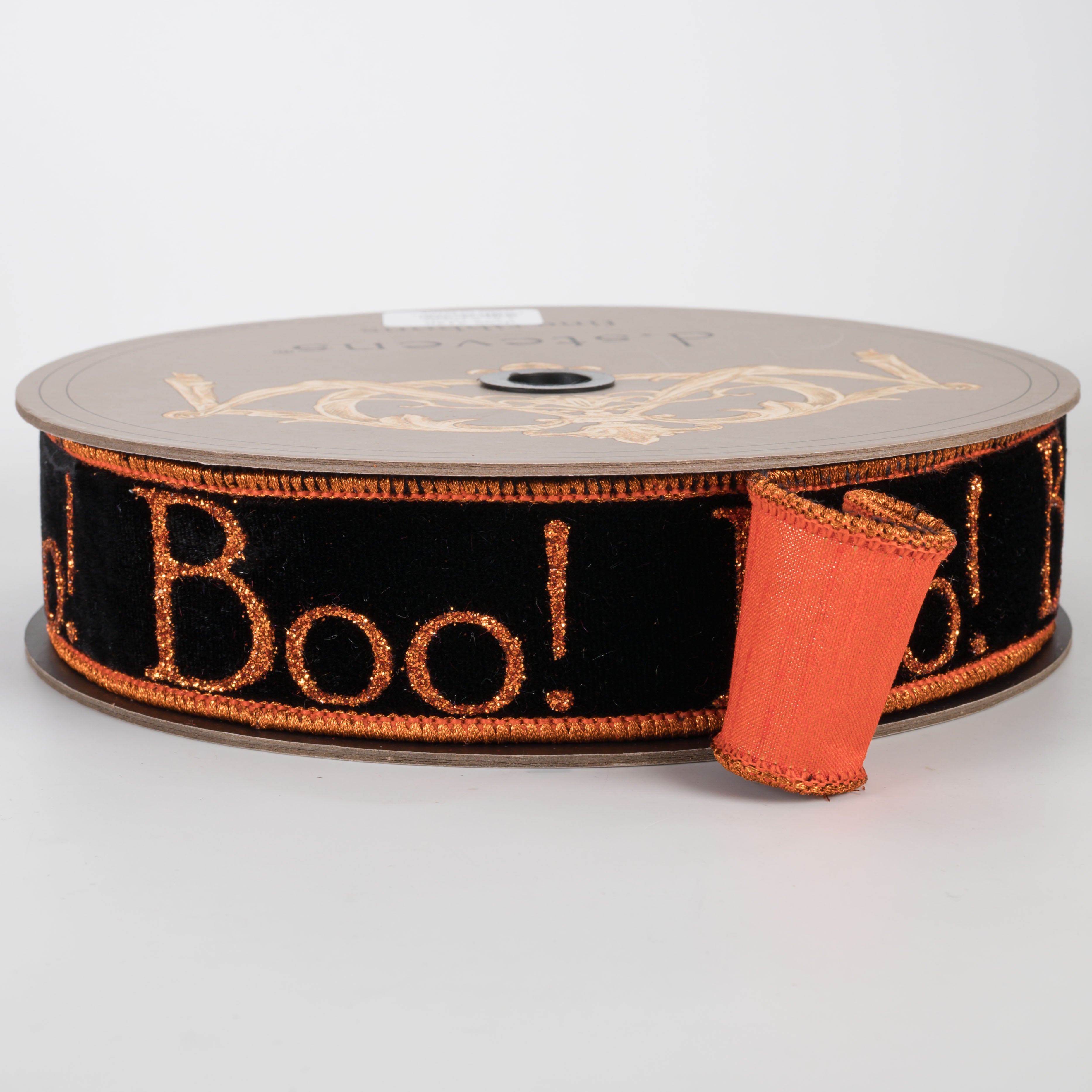 [D Stevens] 1.5" Velvet Glitter Boo Ribbon: Orange on Black (10 Yards)