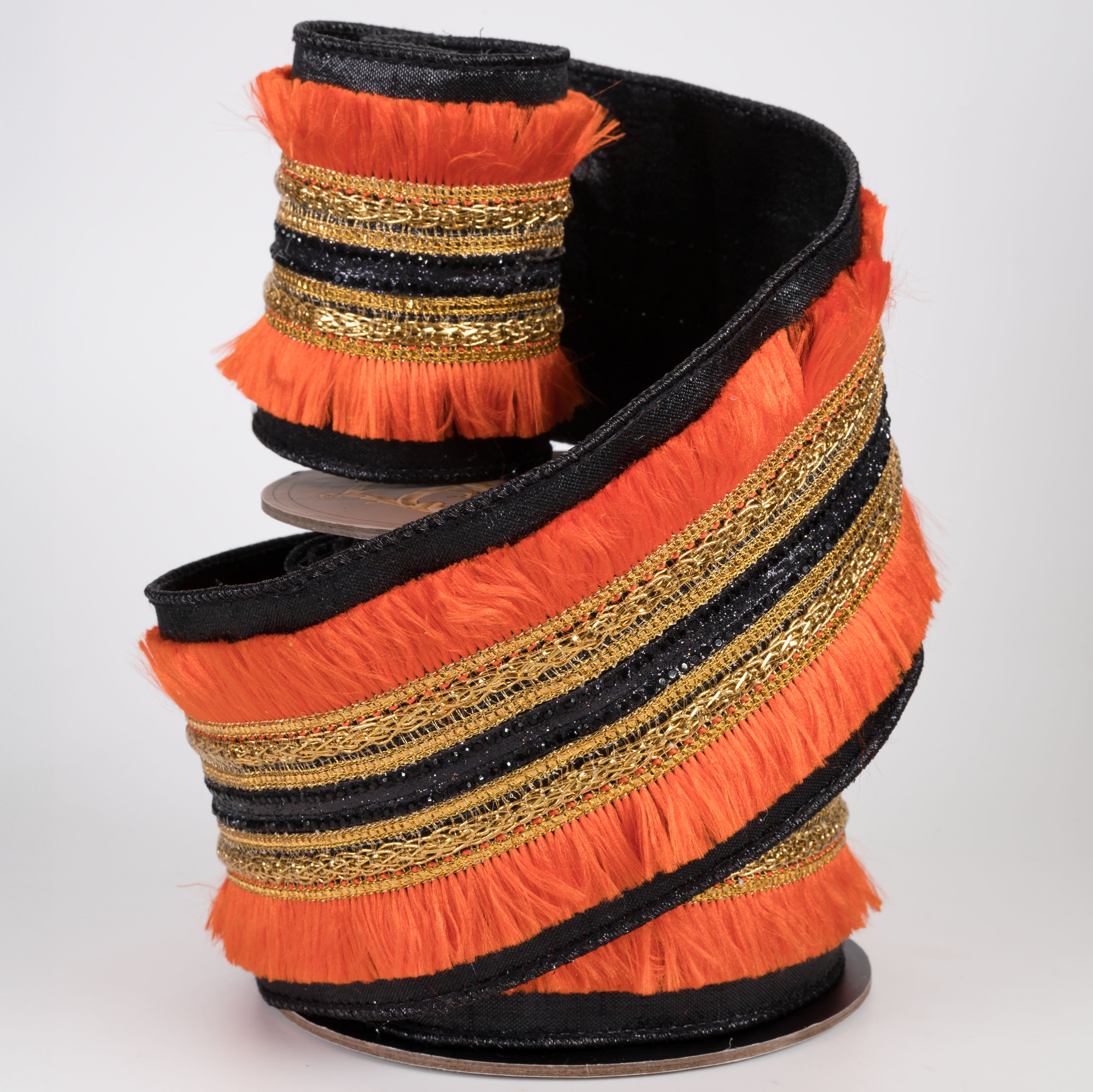 [D Stevens] 3.5" Metallic Dupioni Center Trim & Fringe Ribbon: Orange & Gold on Black (5 Yards)