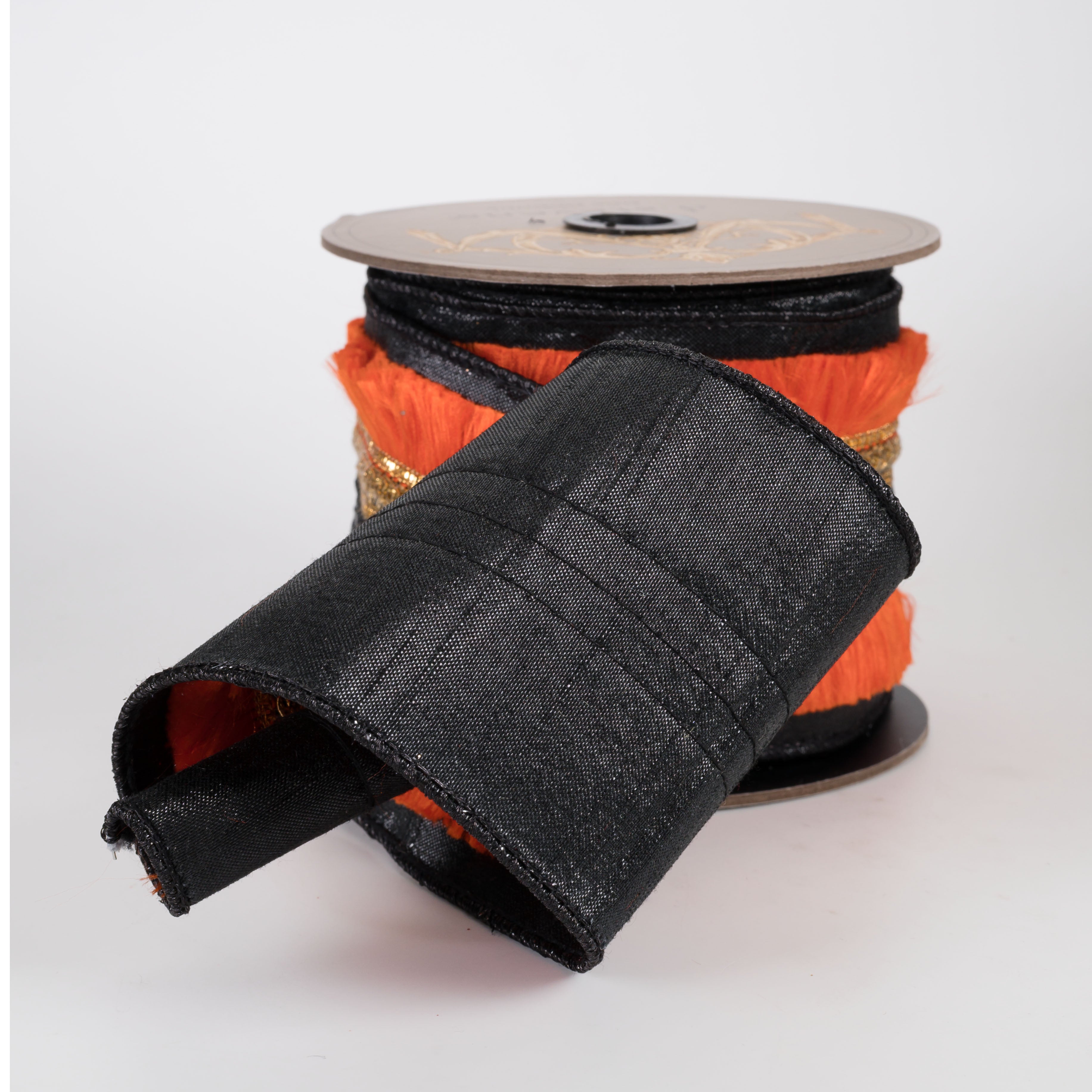 [D Stevens] 3.5" Metallic Dupioni Center Trim & Fringe Ribbon: Orange & Gold on Black (5 Yards)