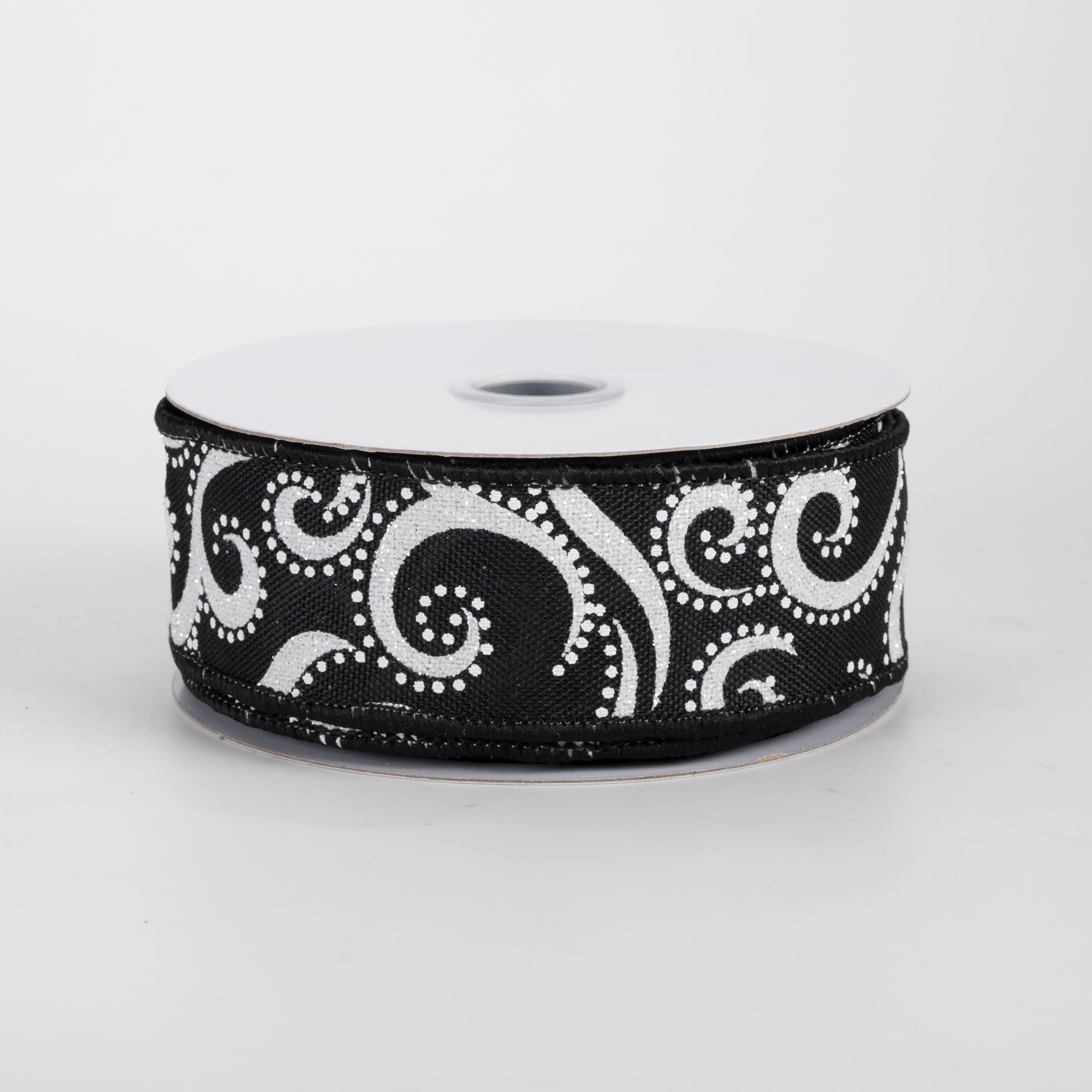 1.5" Glittered Swirls & Dots Ribbon: Black on White (10 Yards)