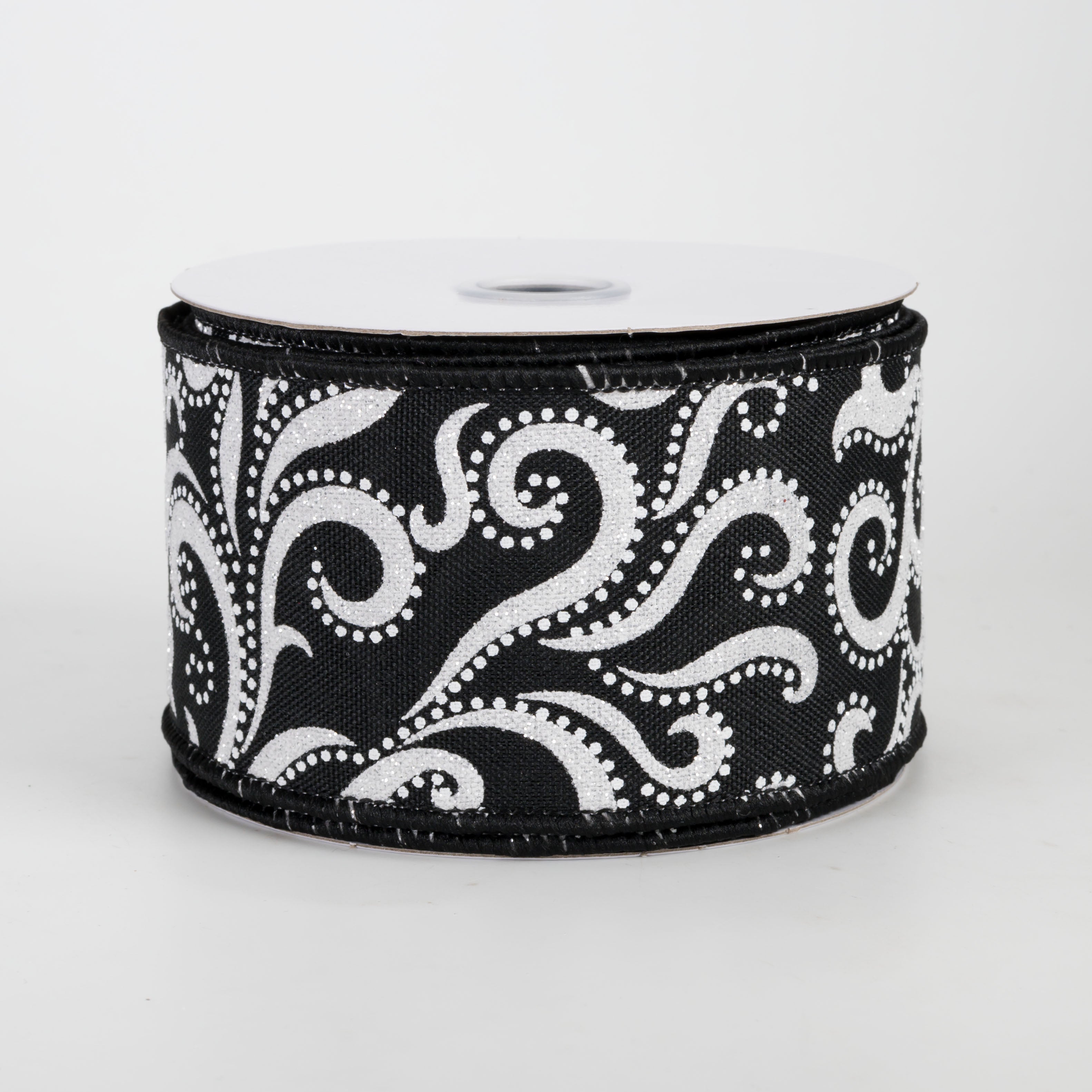2.5" Glittered Swirls & Dots Ribbon: Black on White (10 Yards)