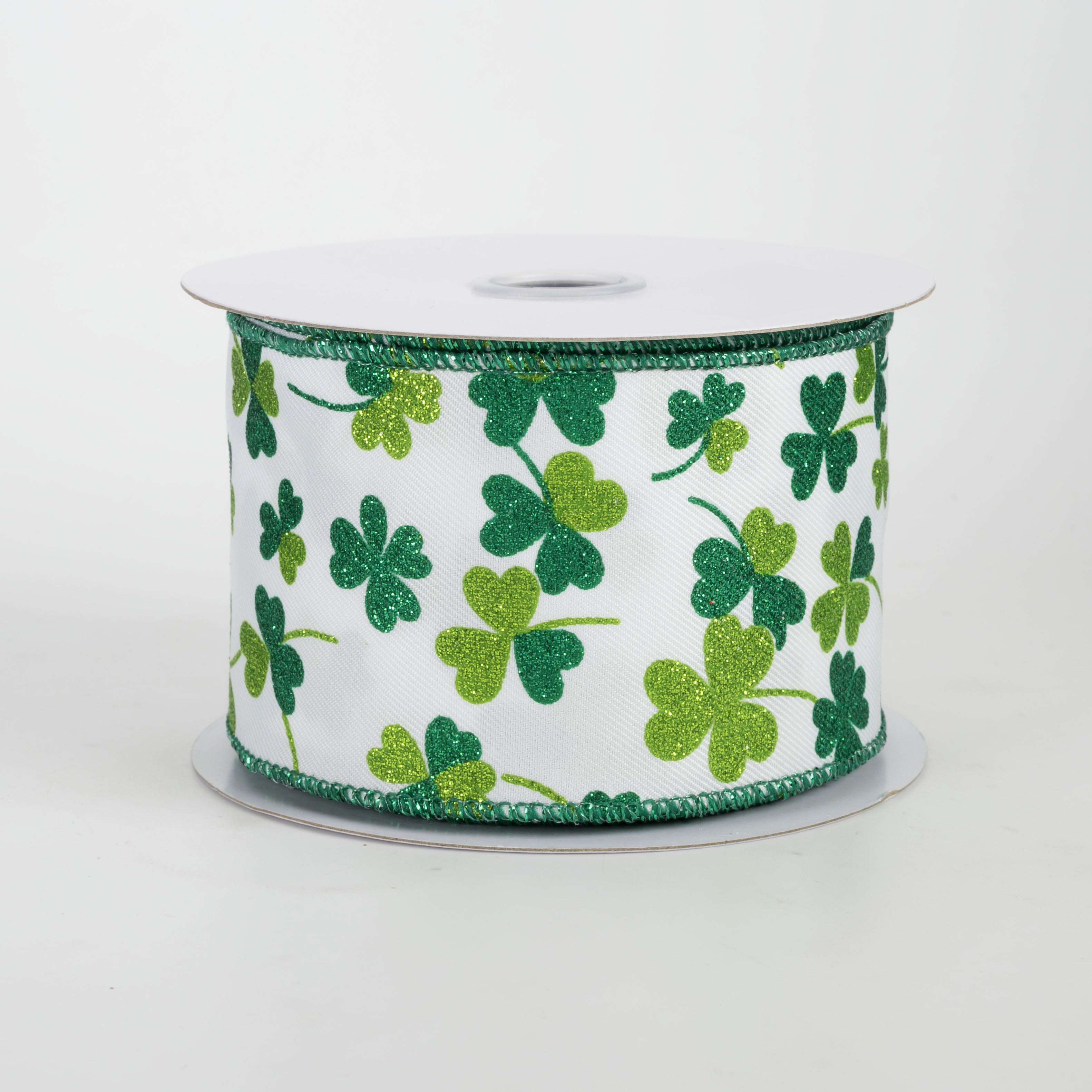 2.5" Glitter Shamrocks Ribbon: Emerald & Lime on White (10 Yards)
