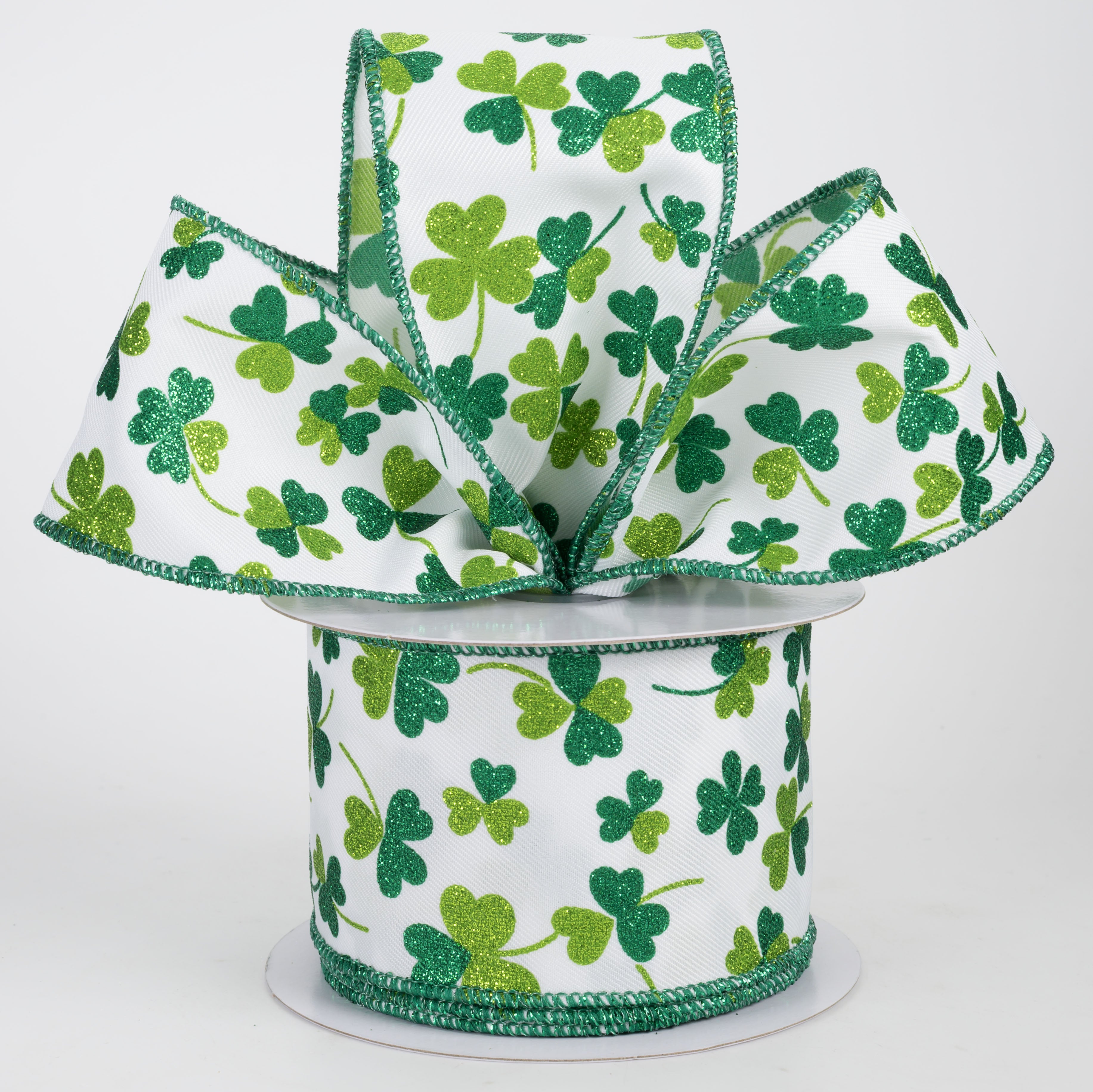 2.5" Glitter Shamrocks Ribbon: Emerald & Lime on White (10 Yards)