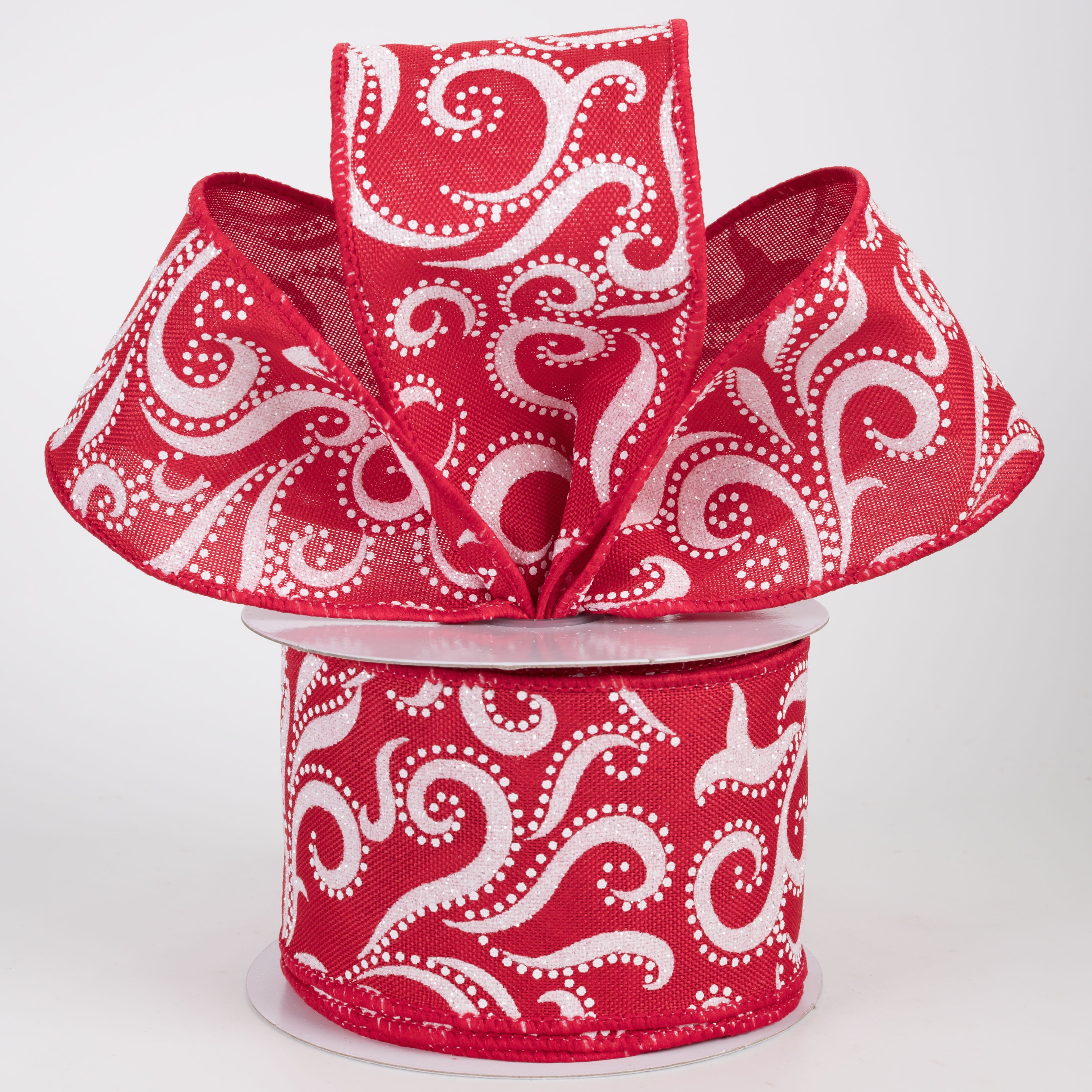 2.5" Glittered Swirls & Dots Ribbon: White on Red (10 Yards)