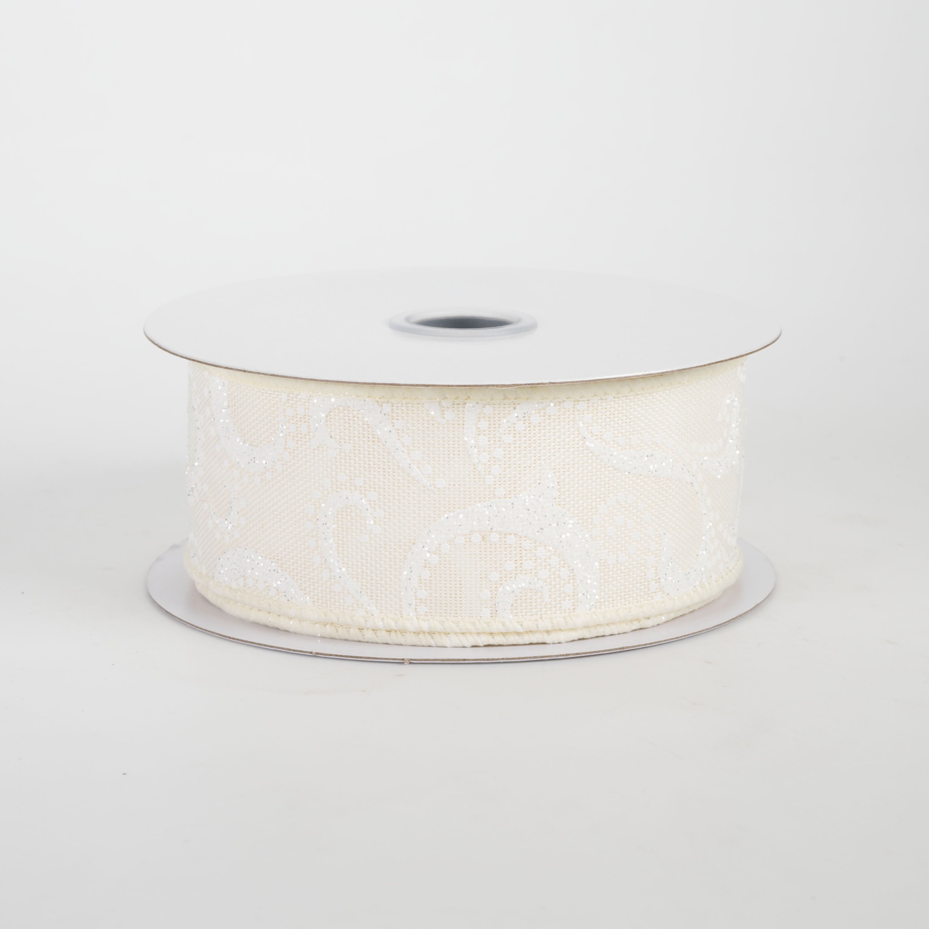 1.5" Glittered Swirls & Dots Ribbon: White on Ivory (10 Yards)