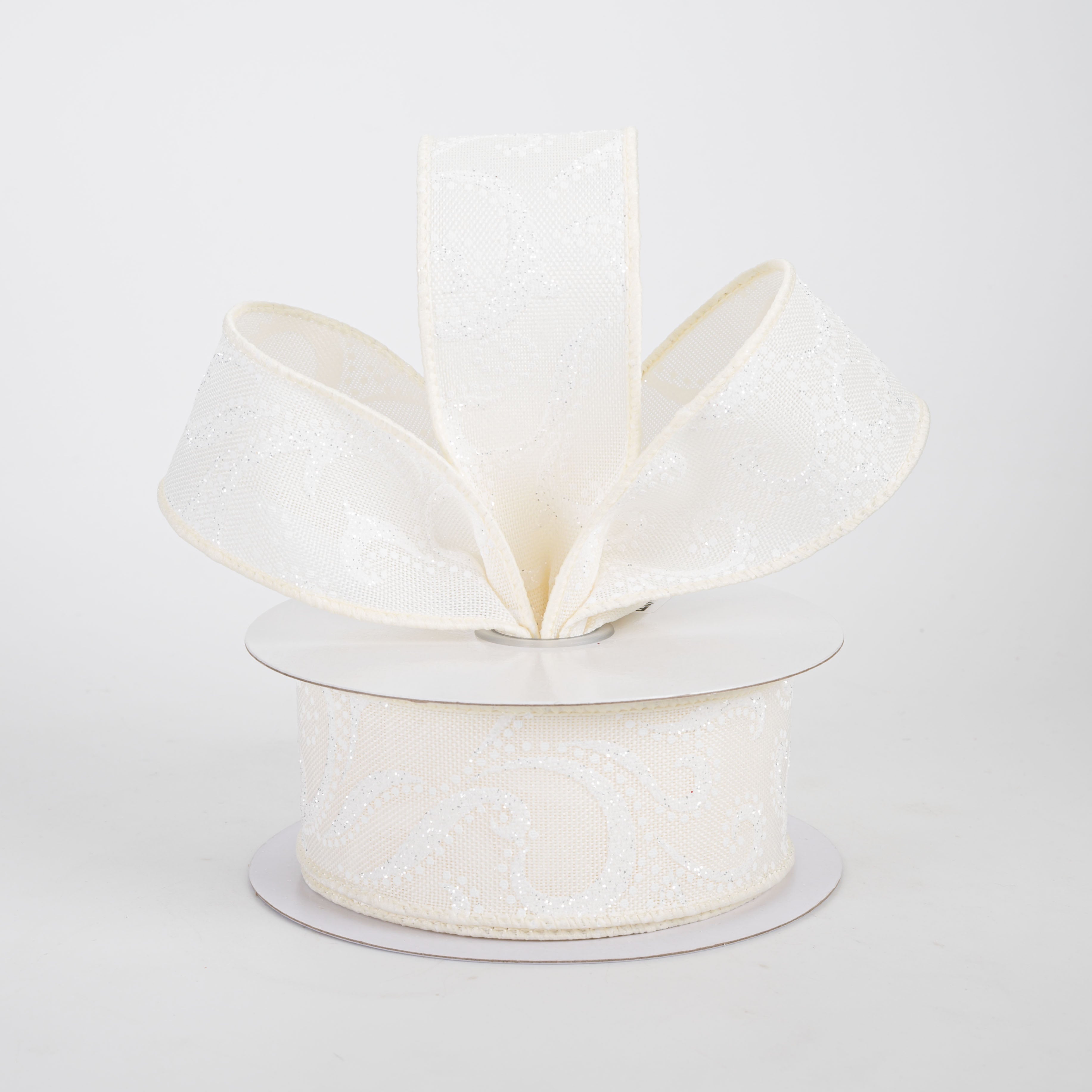 1.5" Glittered Swirls & Dots Ribbon: White on Ivory (10 Yards)