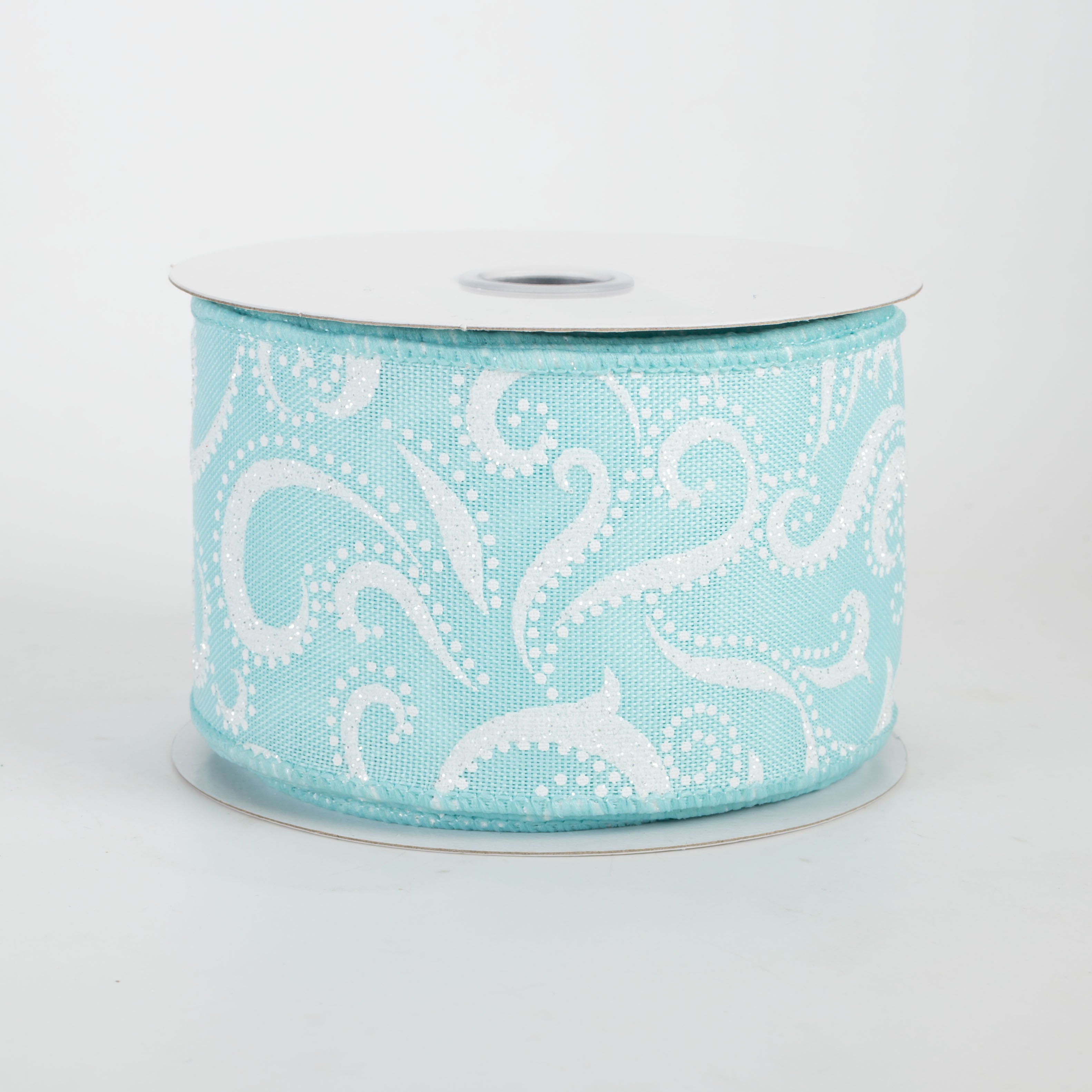 2.5" Glittered Swirls & Dots Ribbon: White on Ice Blue (10 Yards)