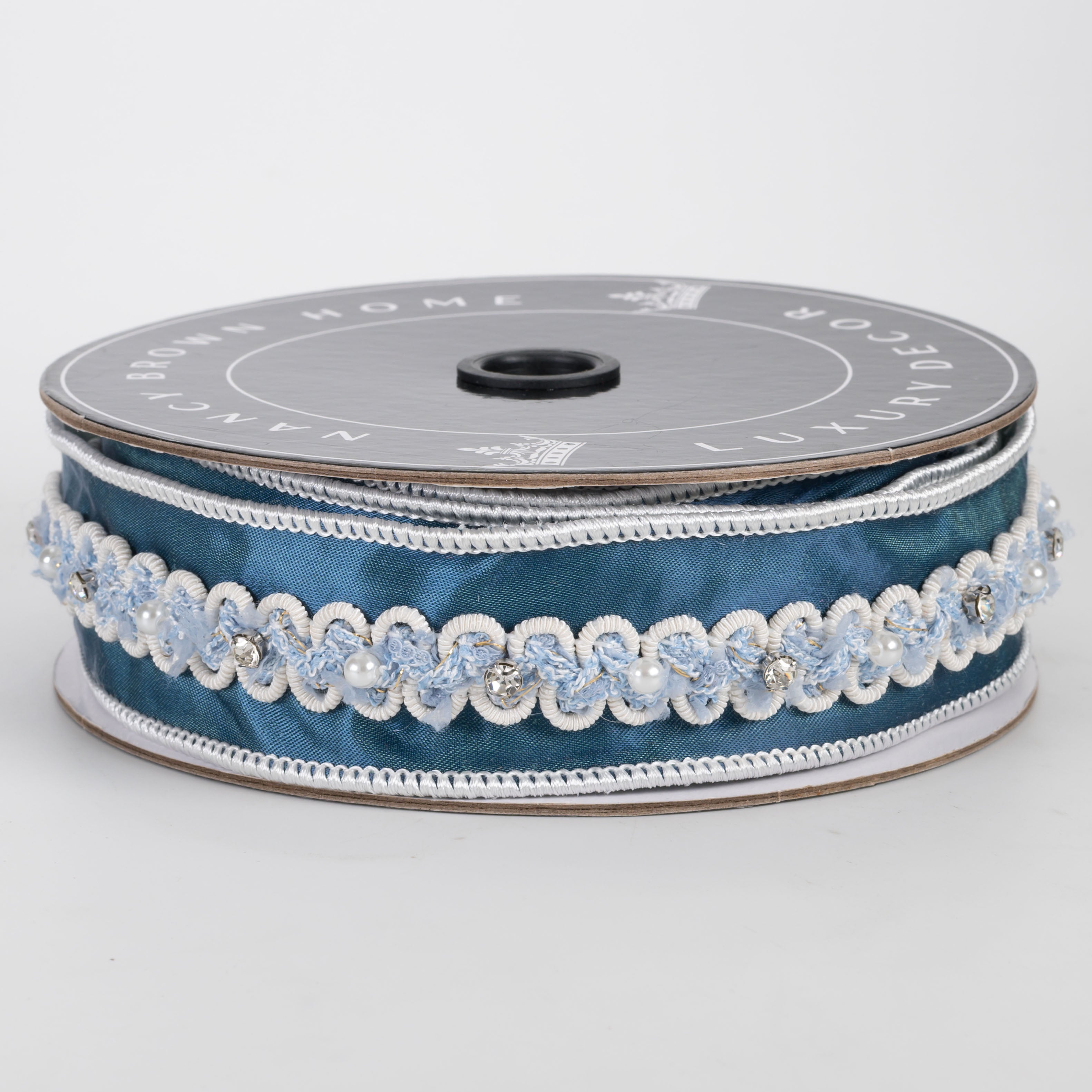 [Nancy Brown] 1.5" Pearls & Rhinestones Ribbon: Blue (5 Yards)