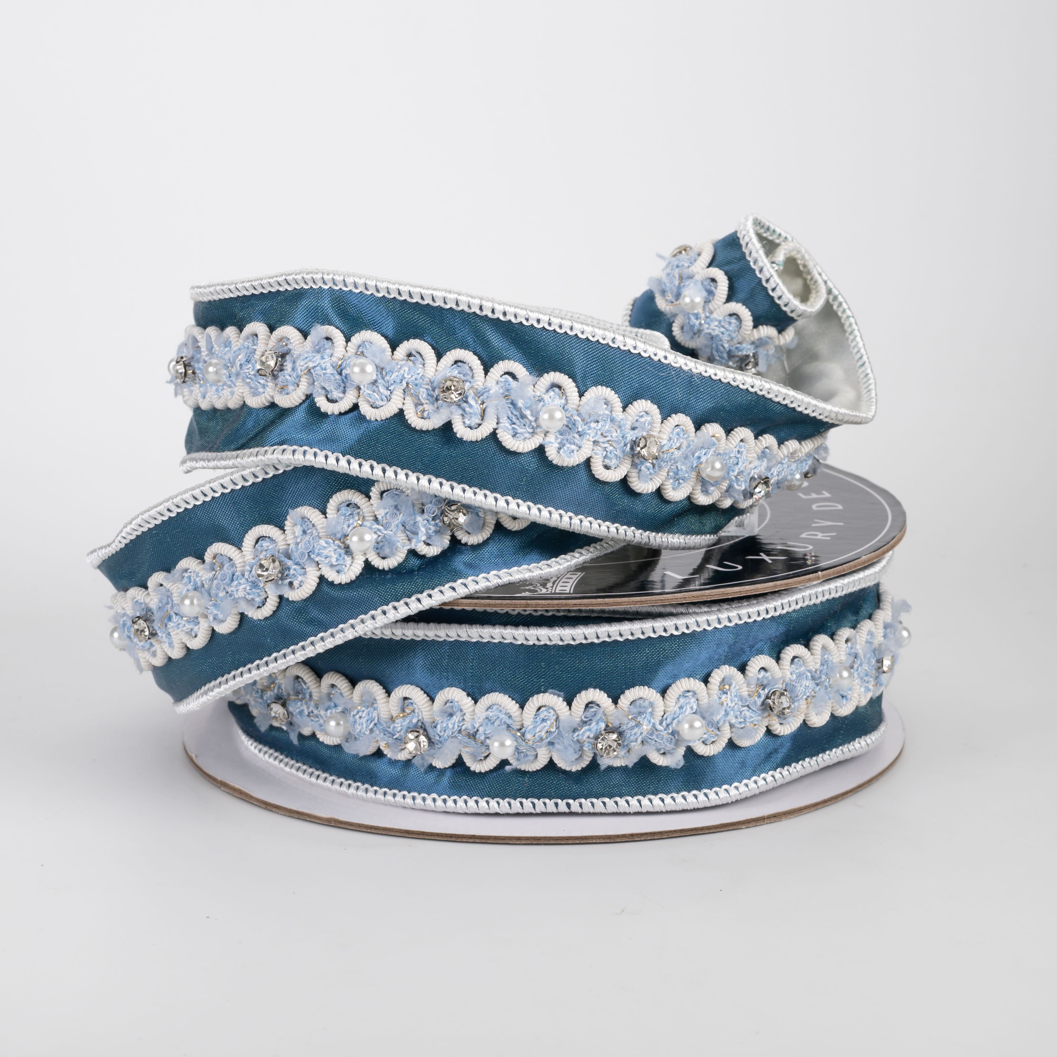 [Nancy Brown] 1.5" Pearls & Rhinestones Ribbon: Blue (5 Yards)