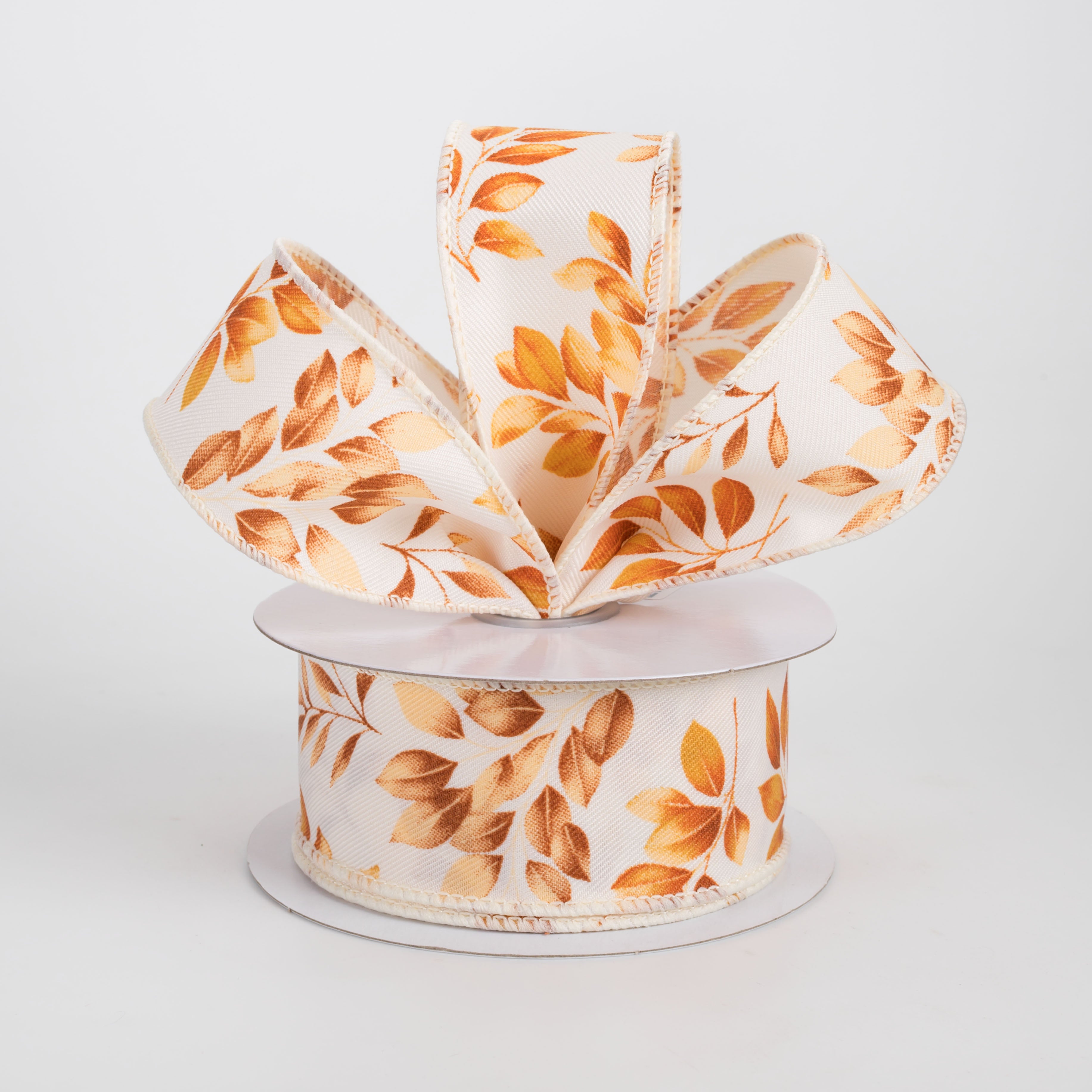 1.5" Greenery Leaves Ribbon: Brown & Orange on Ivory (10 Yards)