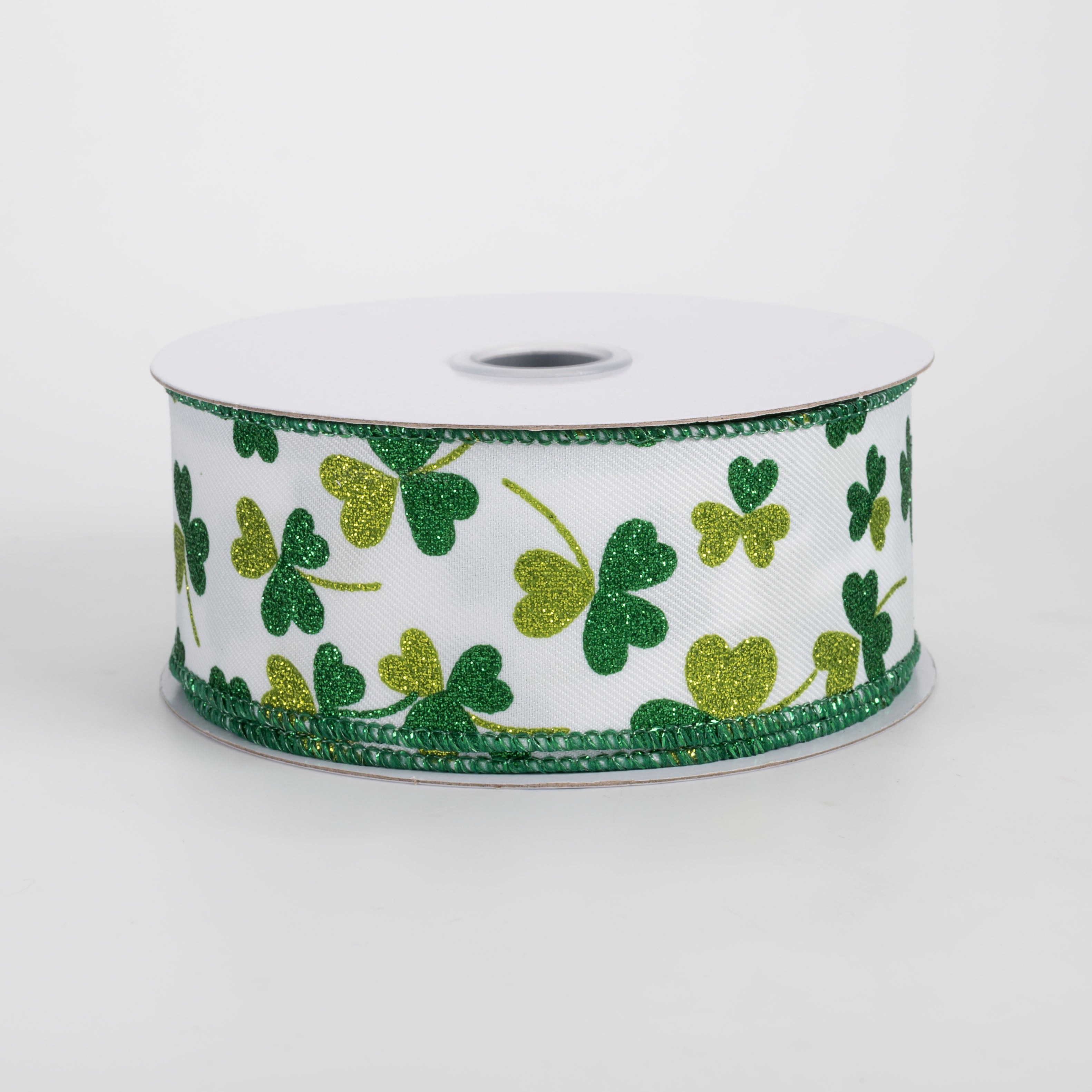 1.5" Glitter Shamrocks Ribbon: Emerald & Lime on White (10 Yards)