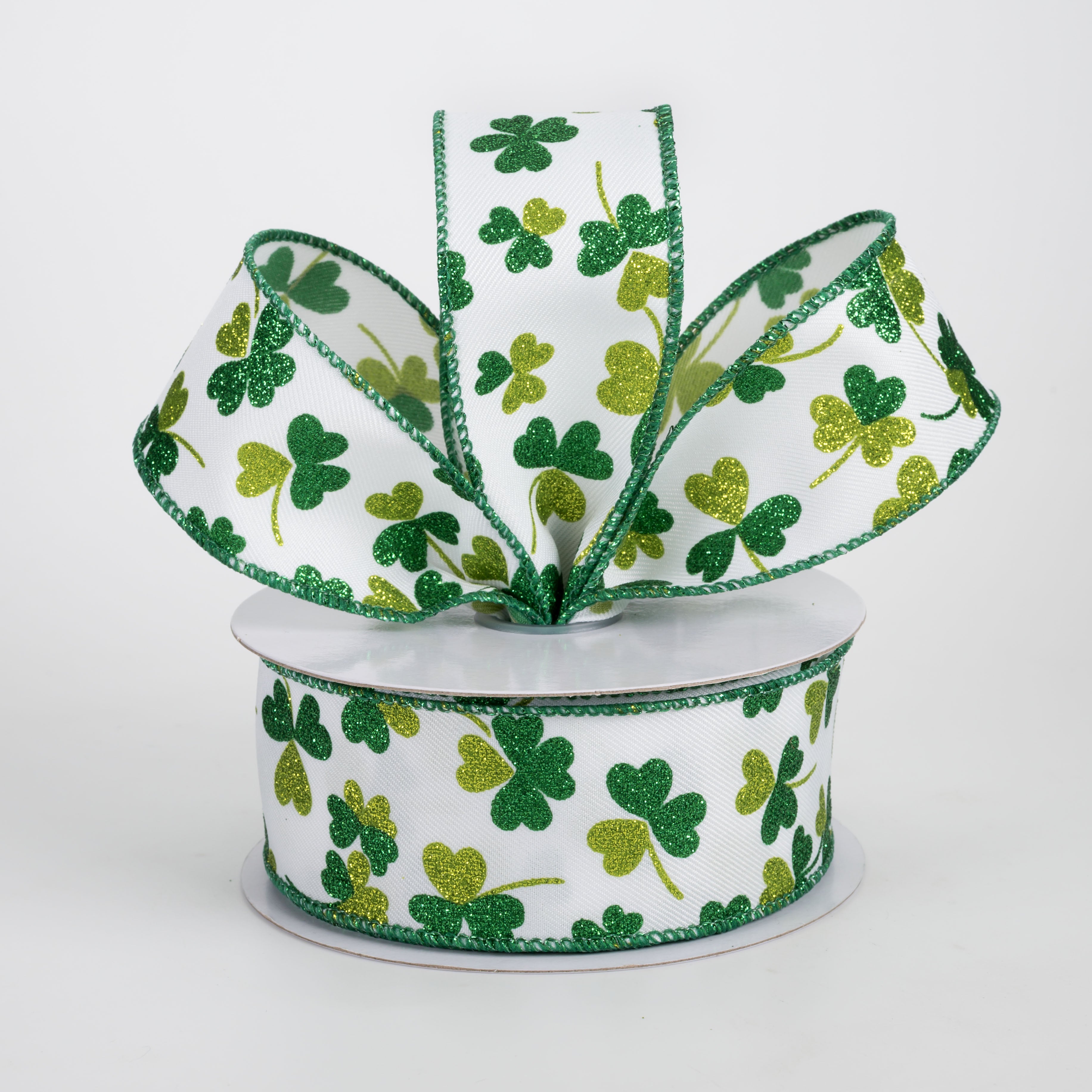 1.5" Glitter Shamrocks Ribbon: Emerald & Lime on White (10 Yards)