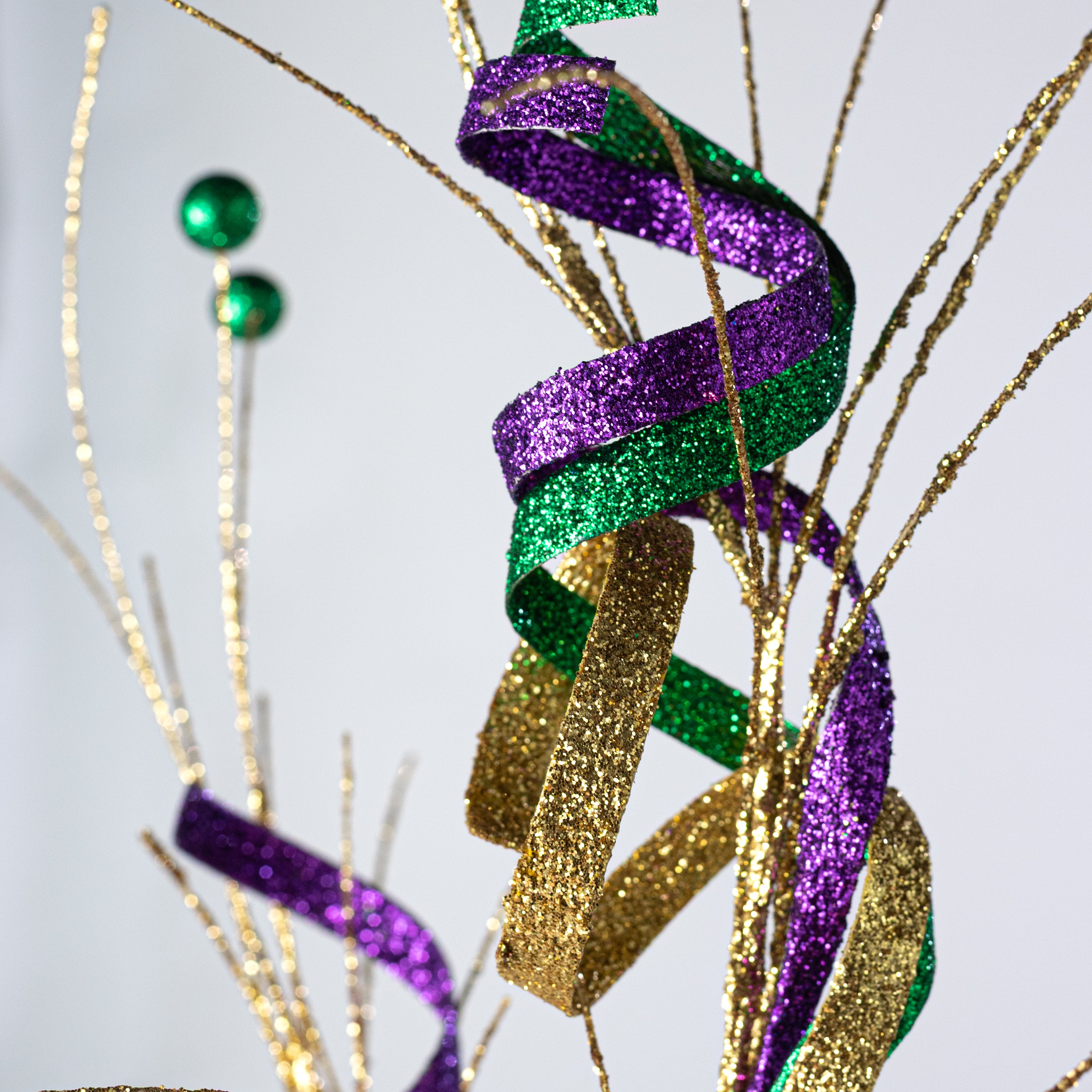 35" Glitter Wispy Curls & Balls Spray: Mardi Gras