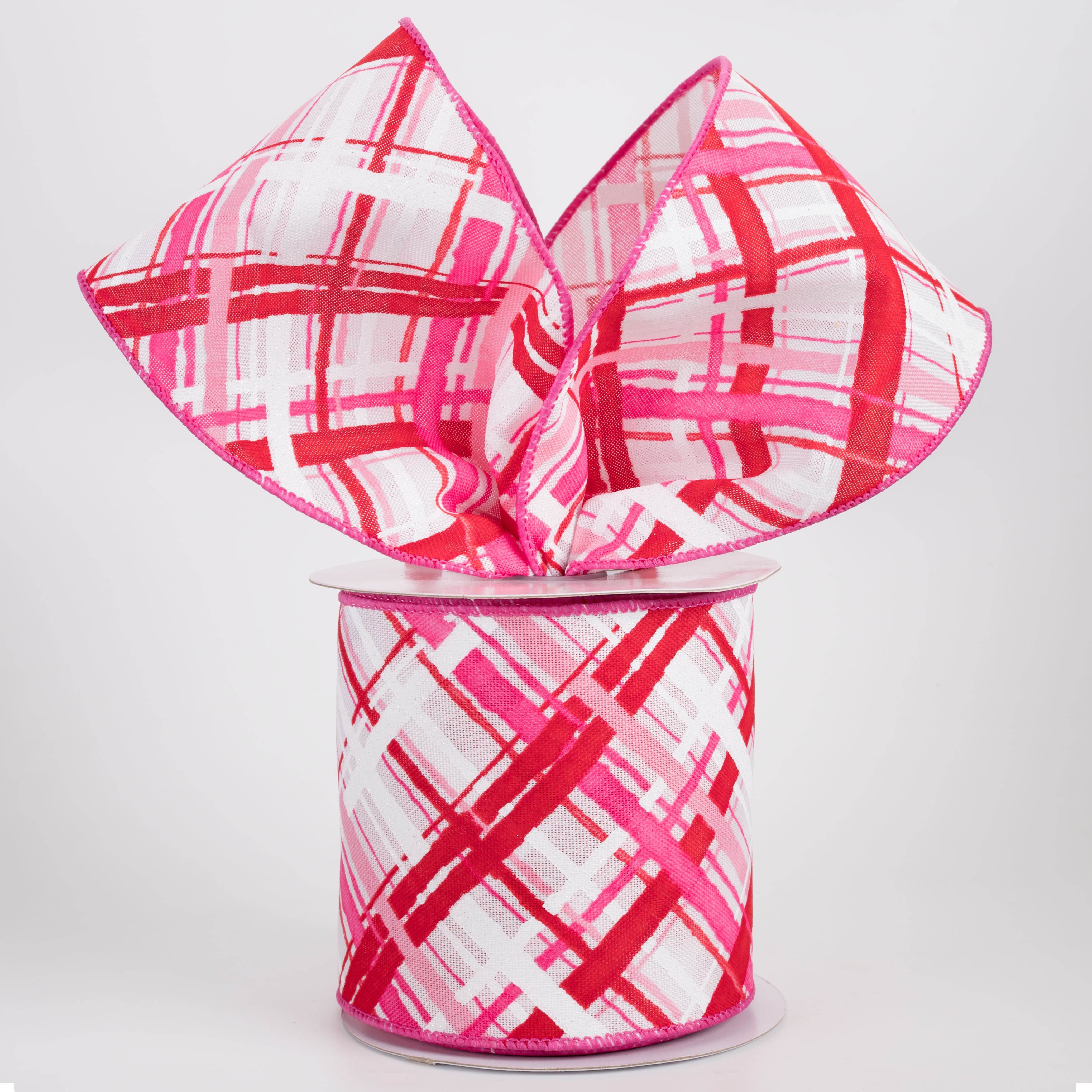 4" Diagonal Painted Plaid Ribbon: White, Pinks, Red (10 Yards)