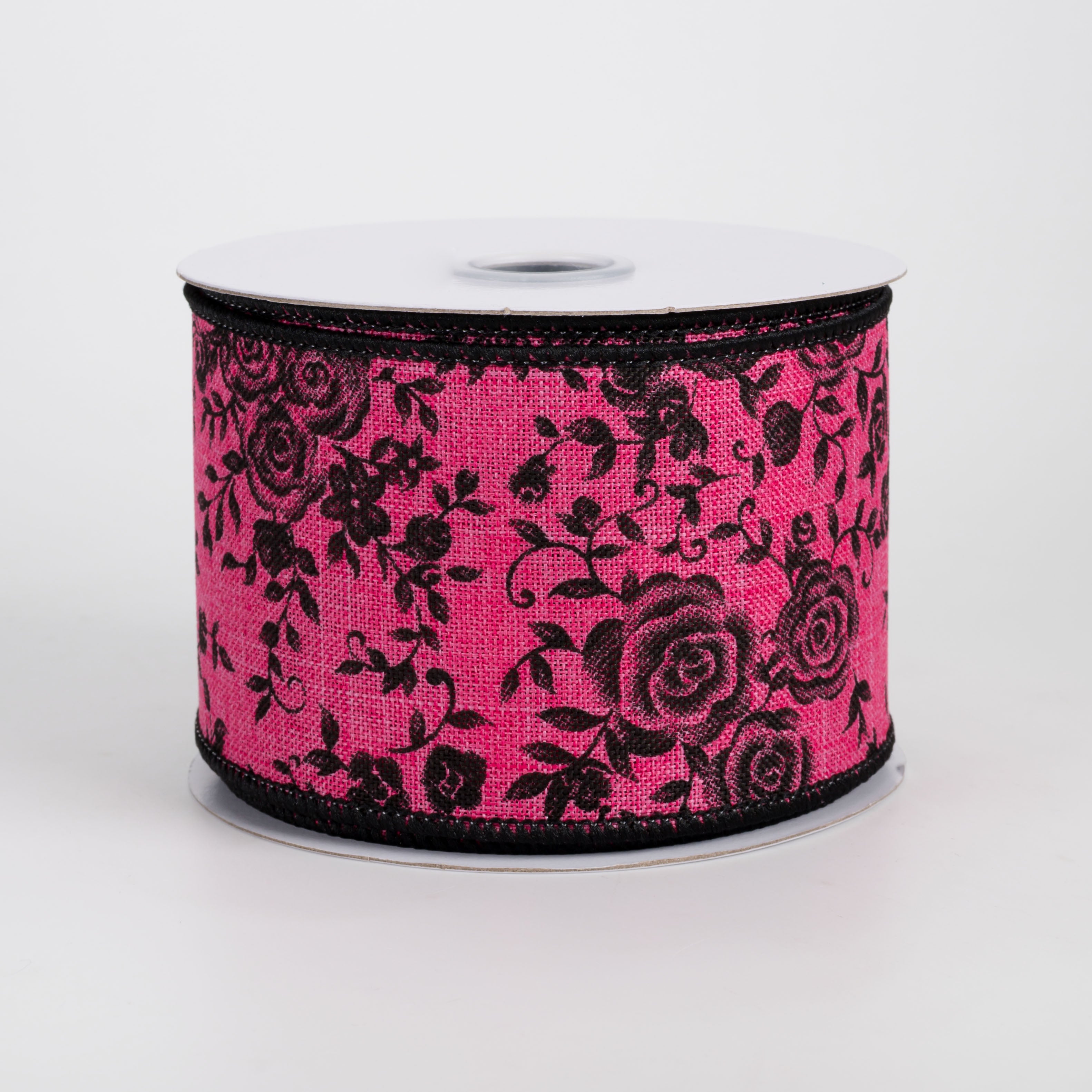 2.5" Mini Roses Floral Ribbon: Black on Hot Pink (10 Yards)