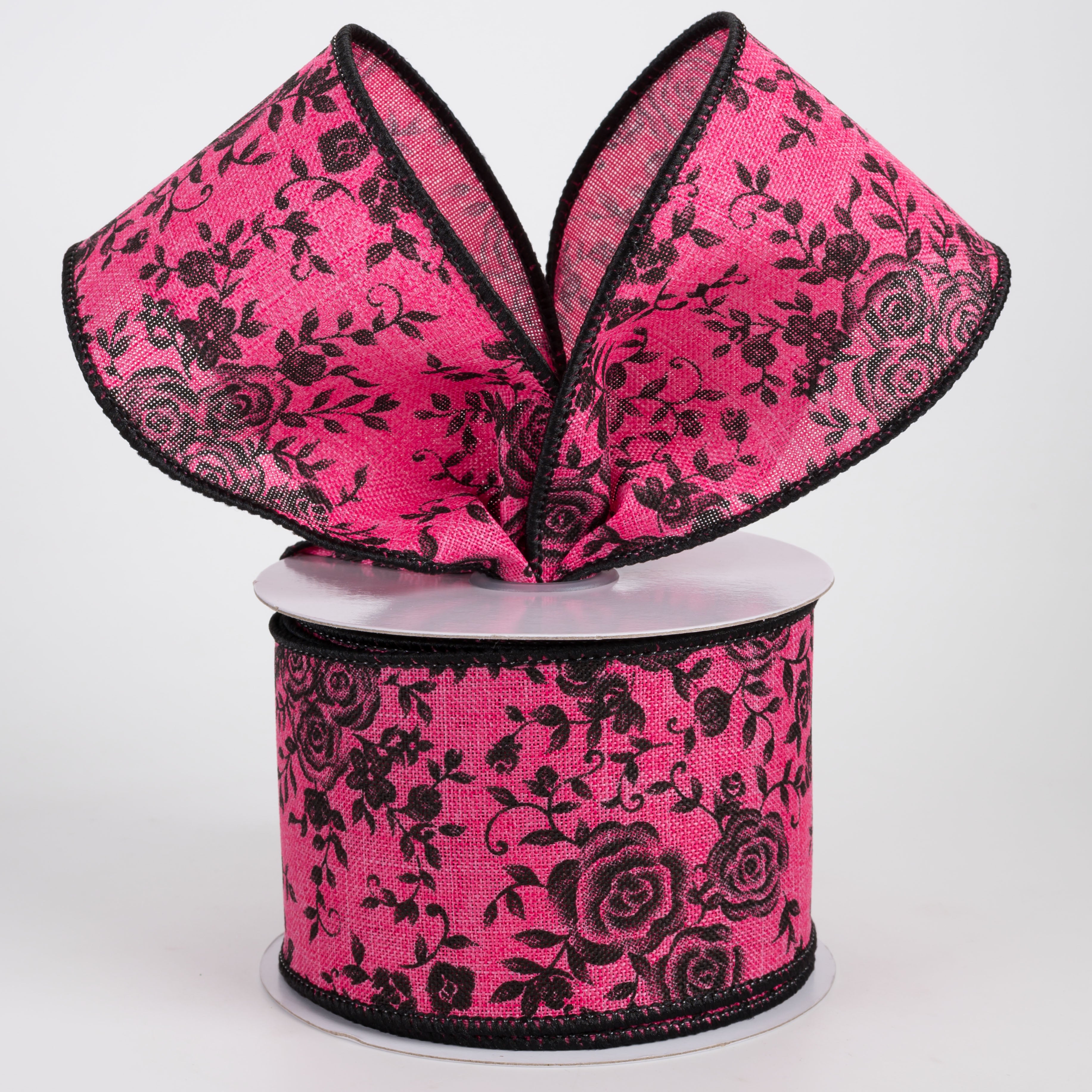 2.5" Mini Roses Floral Ribbon: Black on Hot Pink (10 Yards)