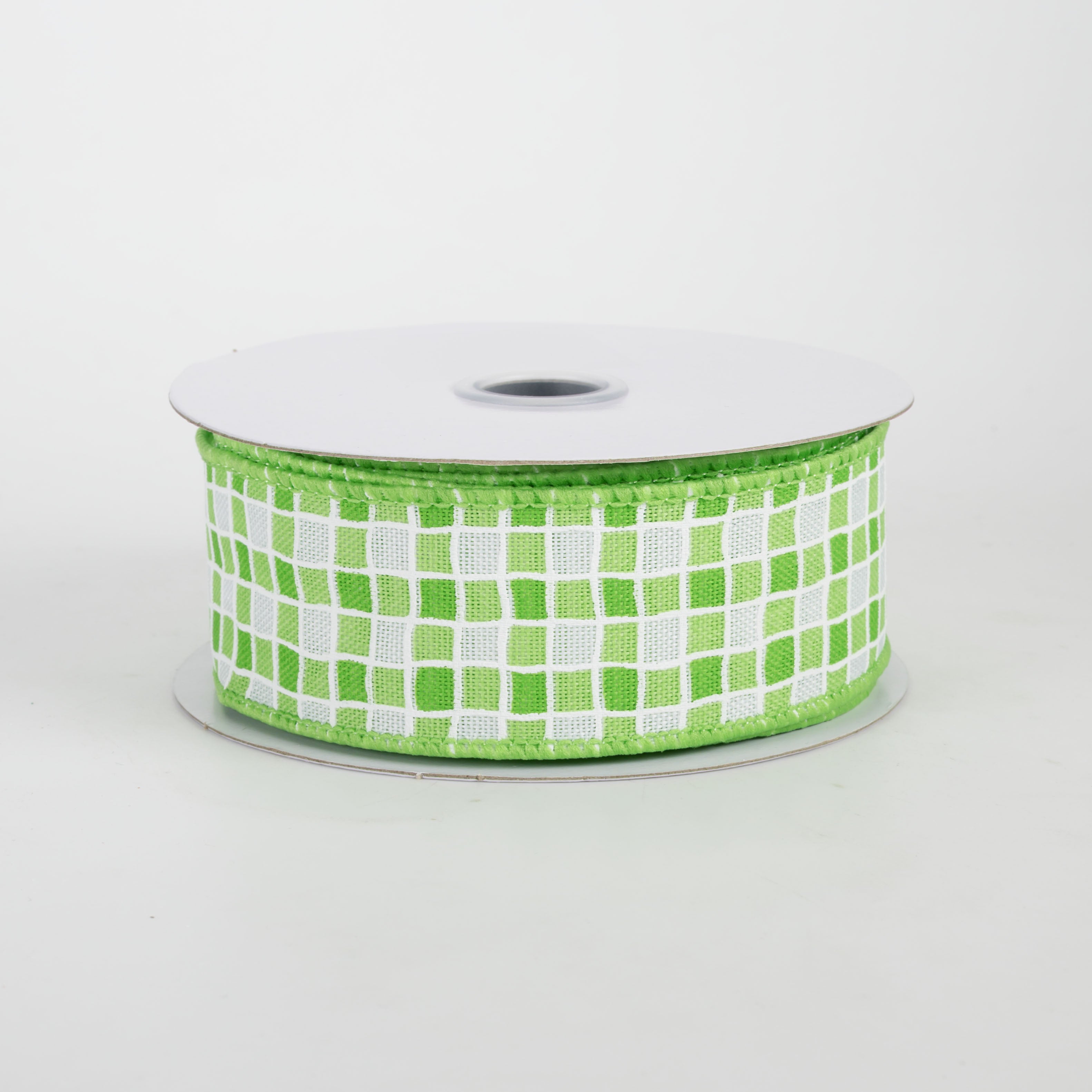 1.5" Small Check Raised Lines Ribbon: Greens & White (10 Yards)