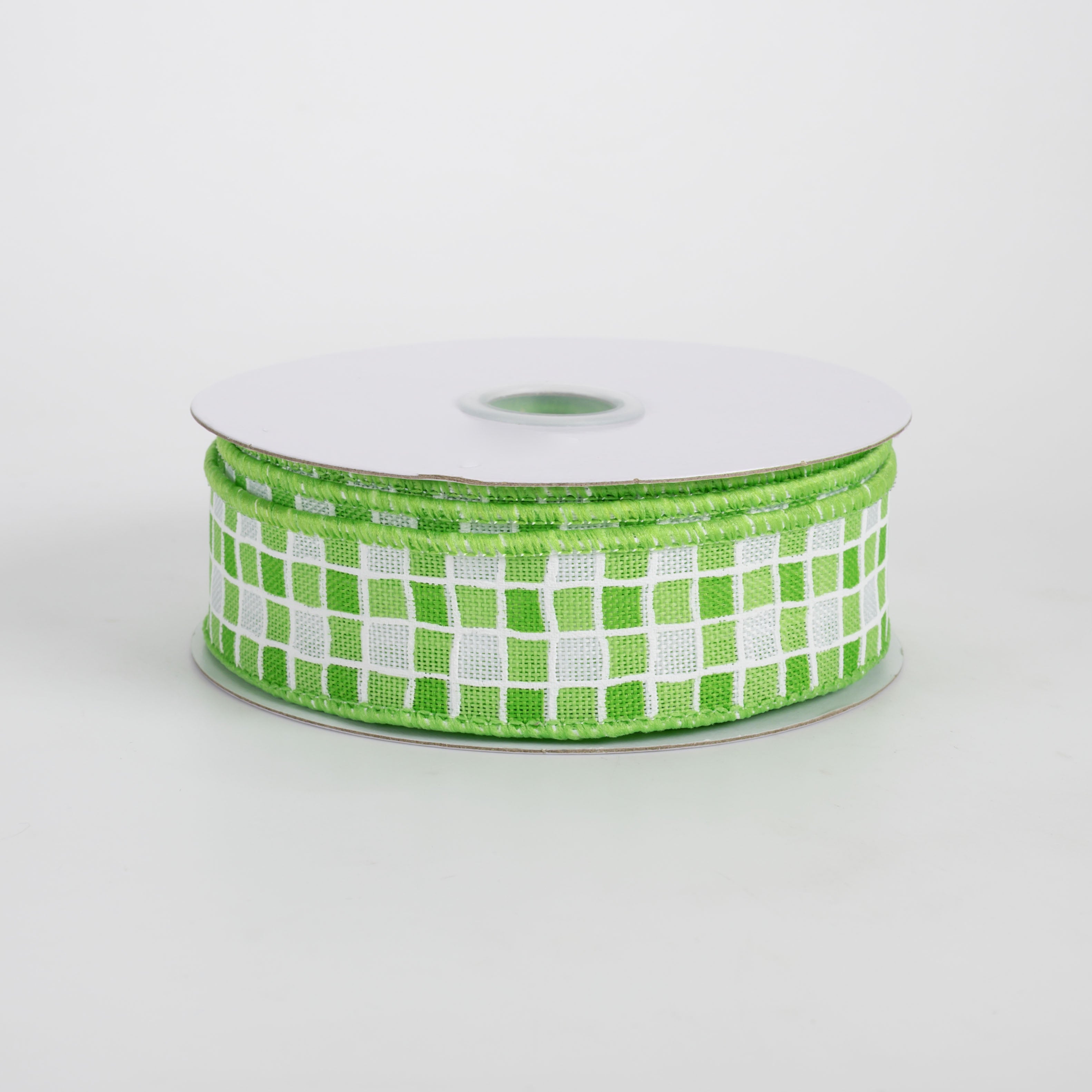 7/8" Small Check Raised Lines Ribbon: Greens & White (10 Yards)