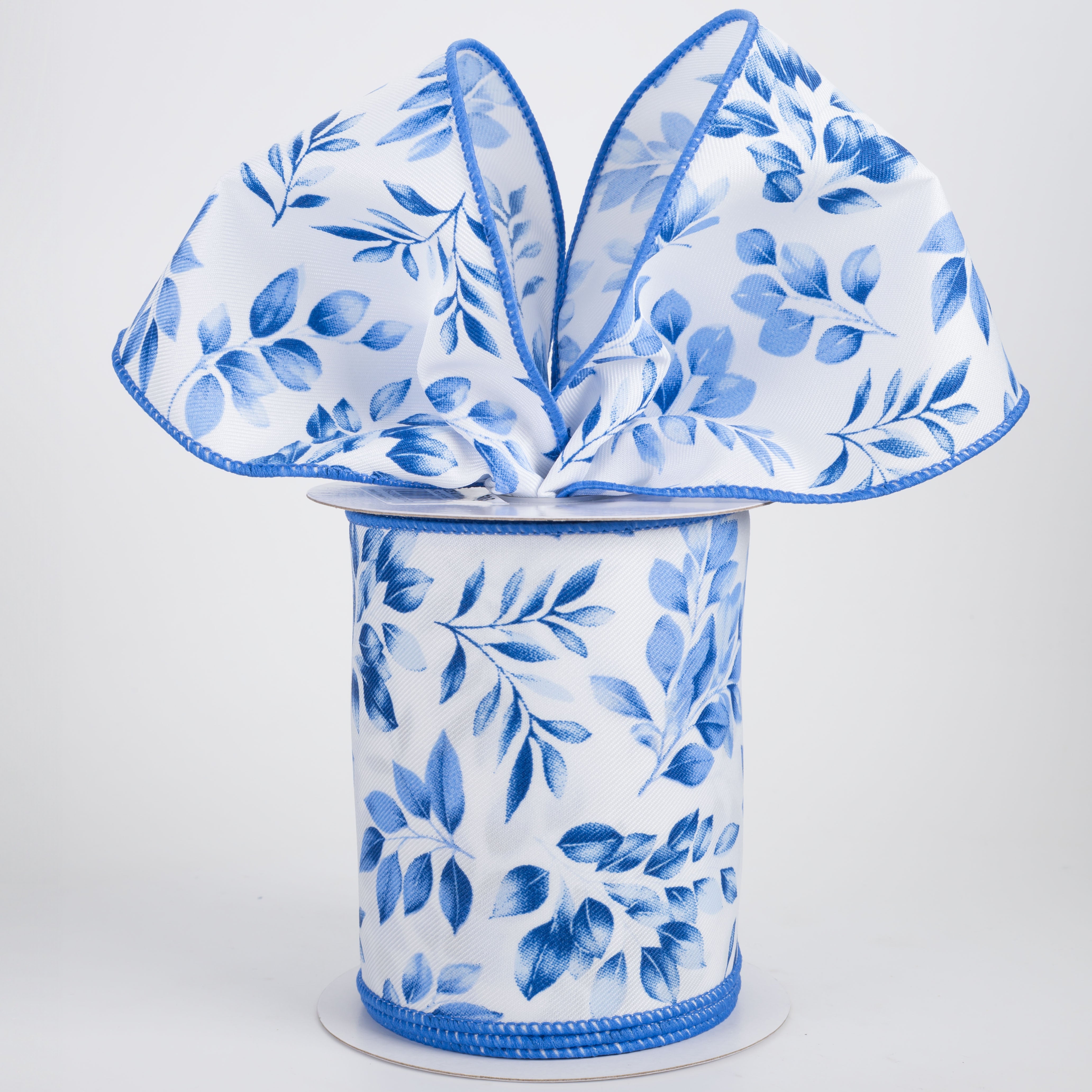 4" Greenery Leaves Ribbon: Blues on White (10 Yards)