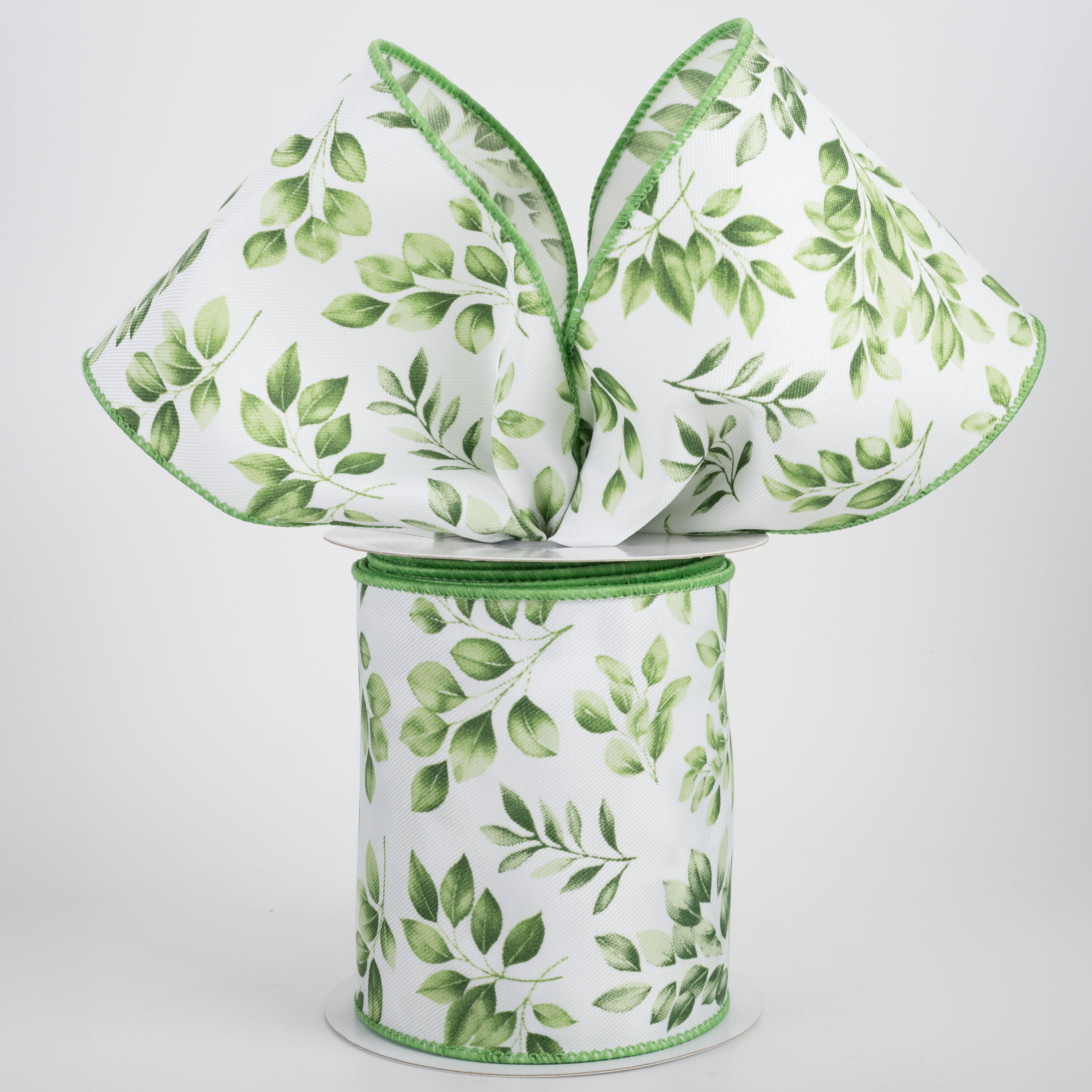 4" Greenery Leaves Ribbon: Greens on White (10 Yards)