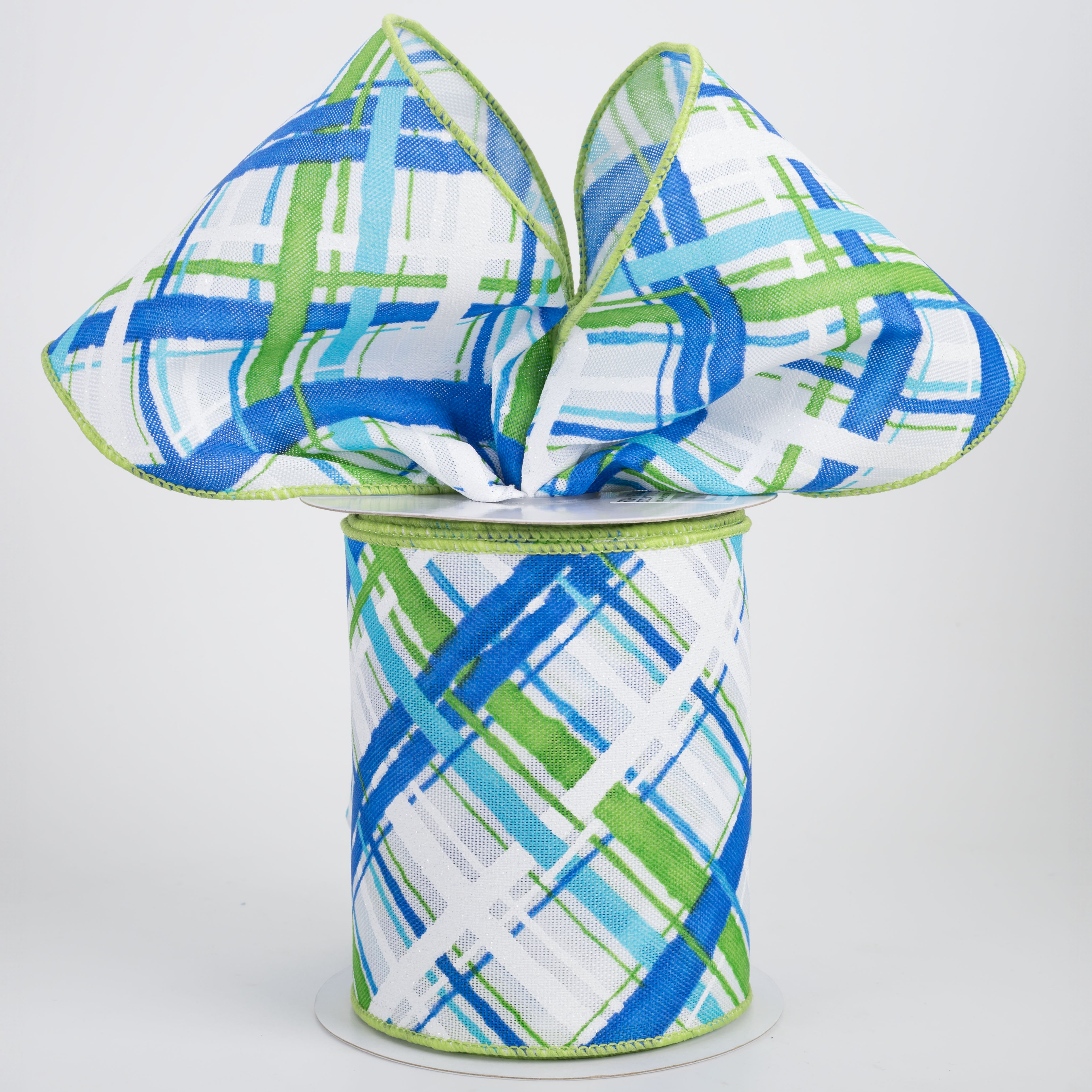 4" Diagonal Painted Plaid Ribbon: White, Blues, Green (10 Yards)