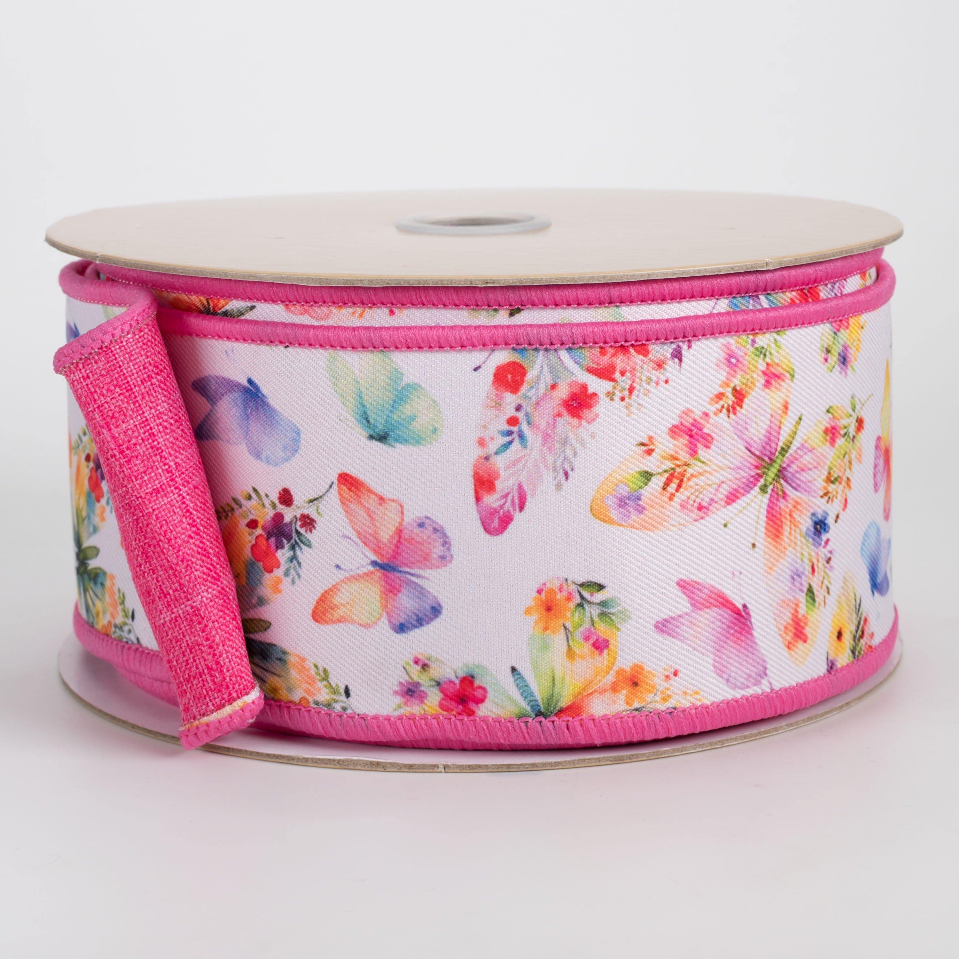 2.5" Double Sided Fused Floral Butterflies Ribbon: Pink (10 Yards)