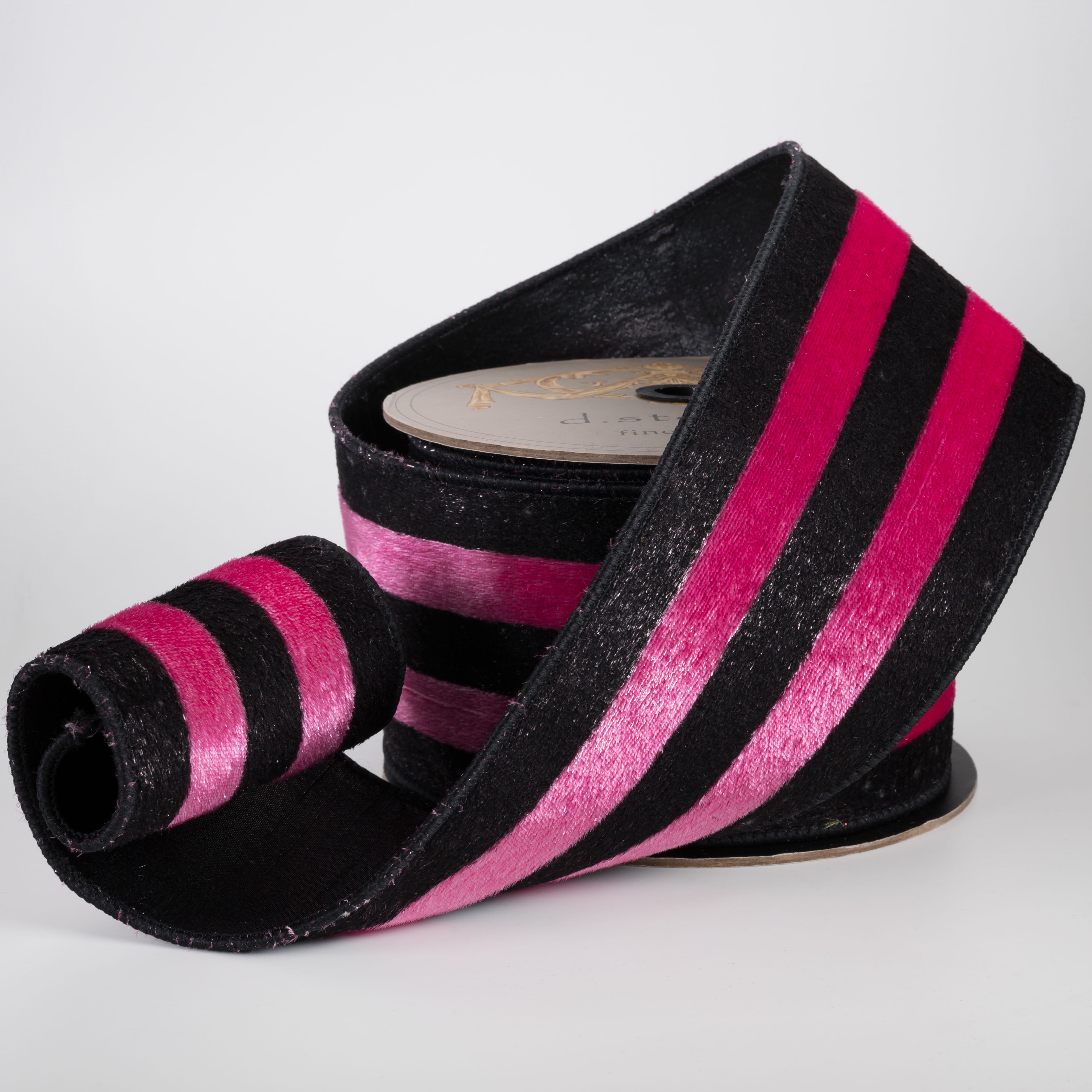 [D Stevens] 4" Ice Velvet Stripe Ribbon: Pink & Black (10 Yards)