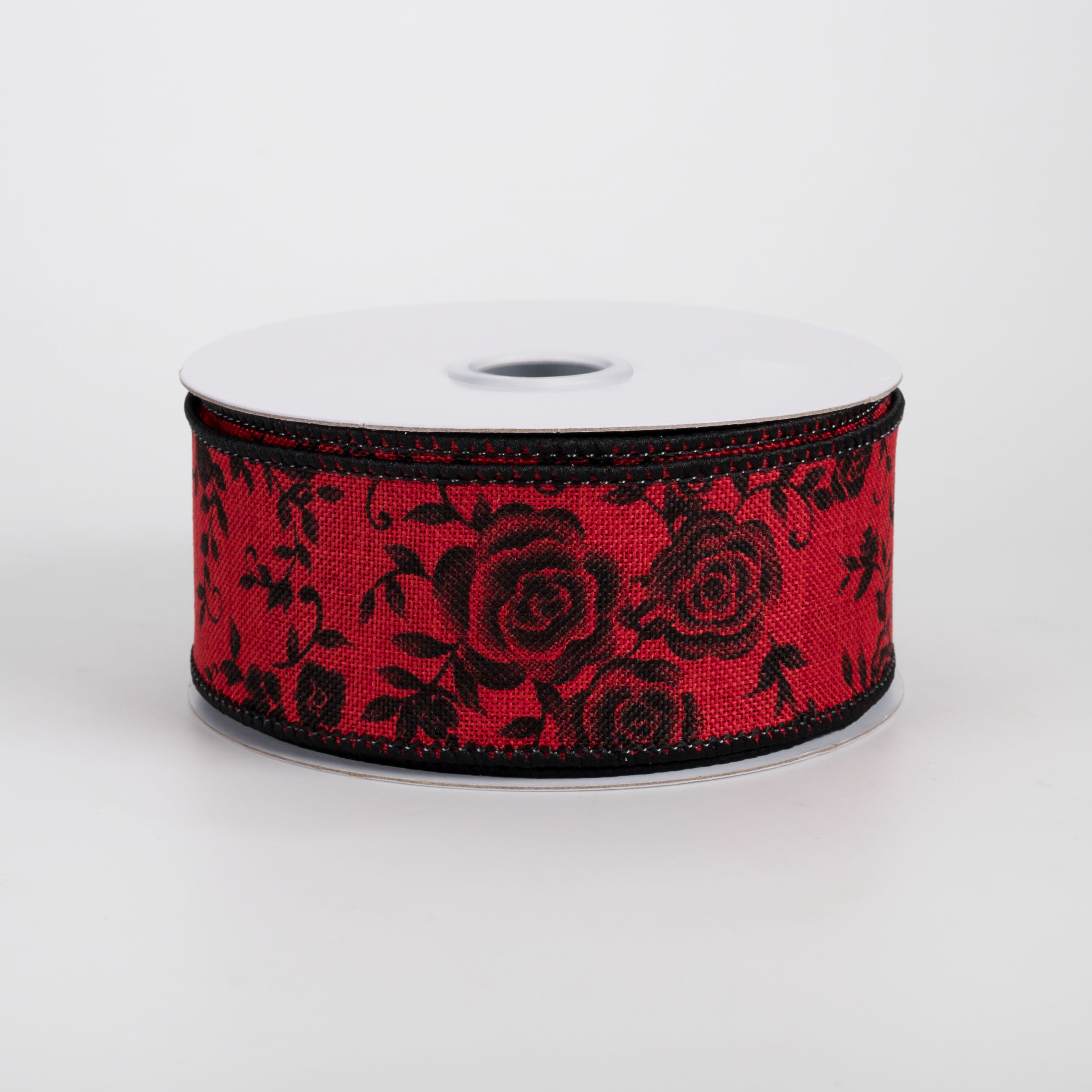 1.5" Mini Roses Floral Ribbon: Black on Red (10 Yards)