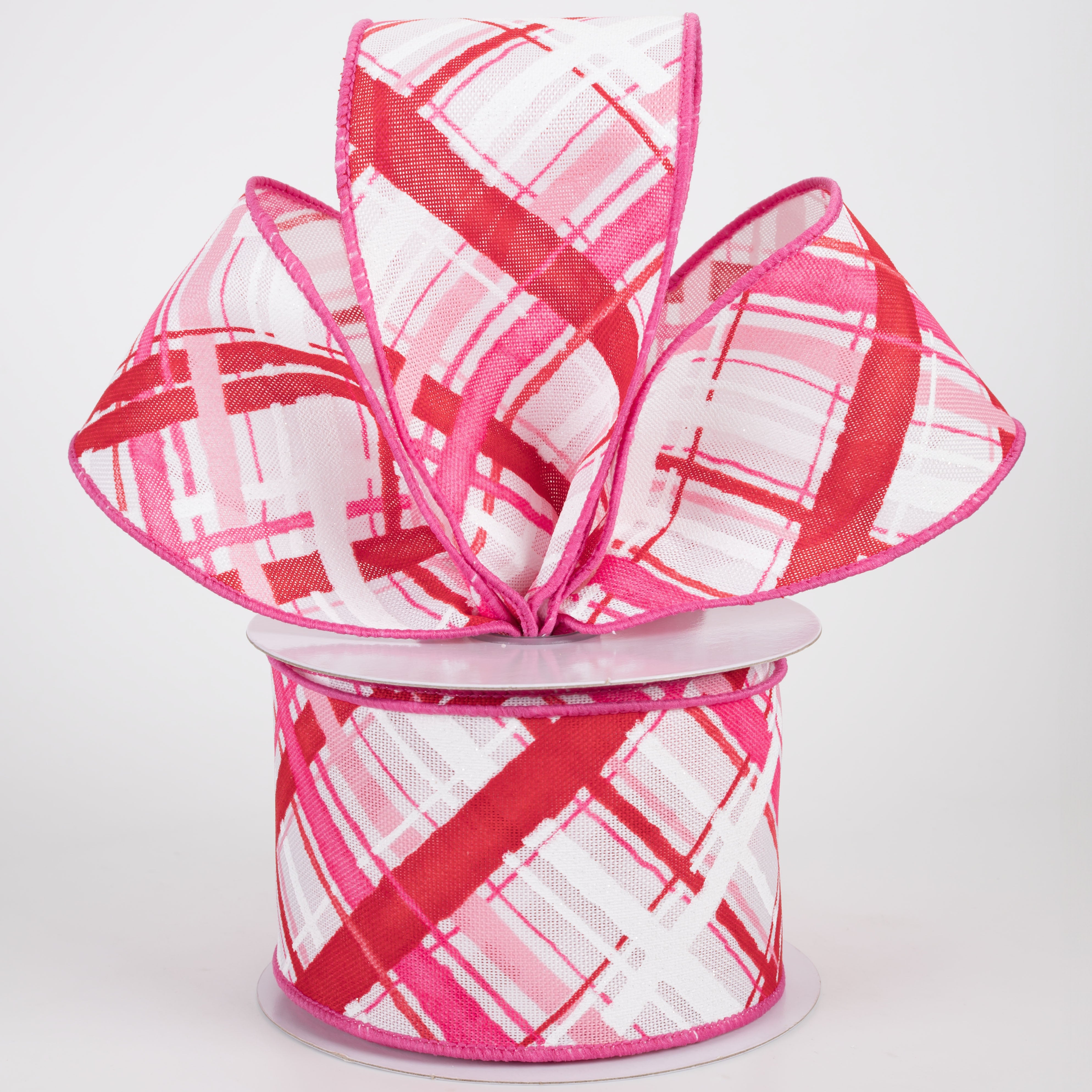 2.5" Diagonal Painted Plaid Ribbon: White, Pinks, Red (10 Yards)