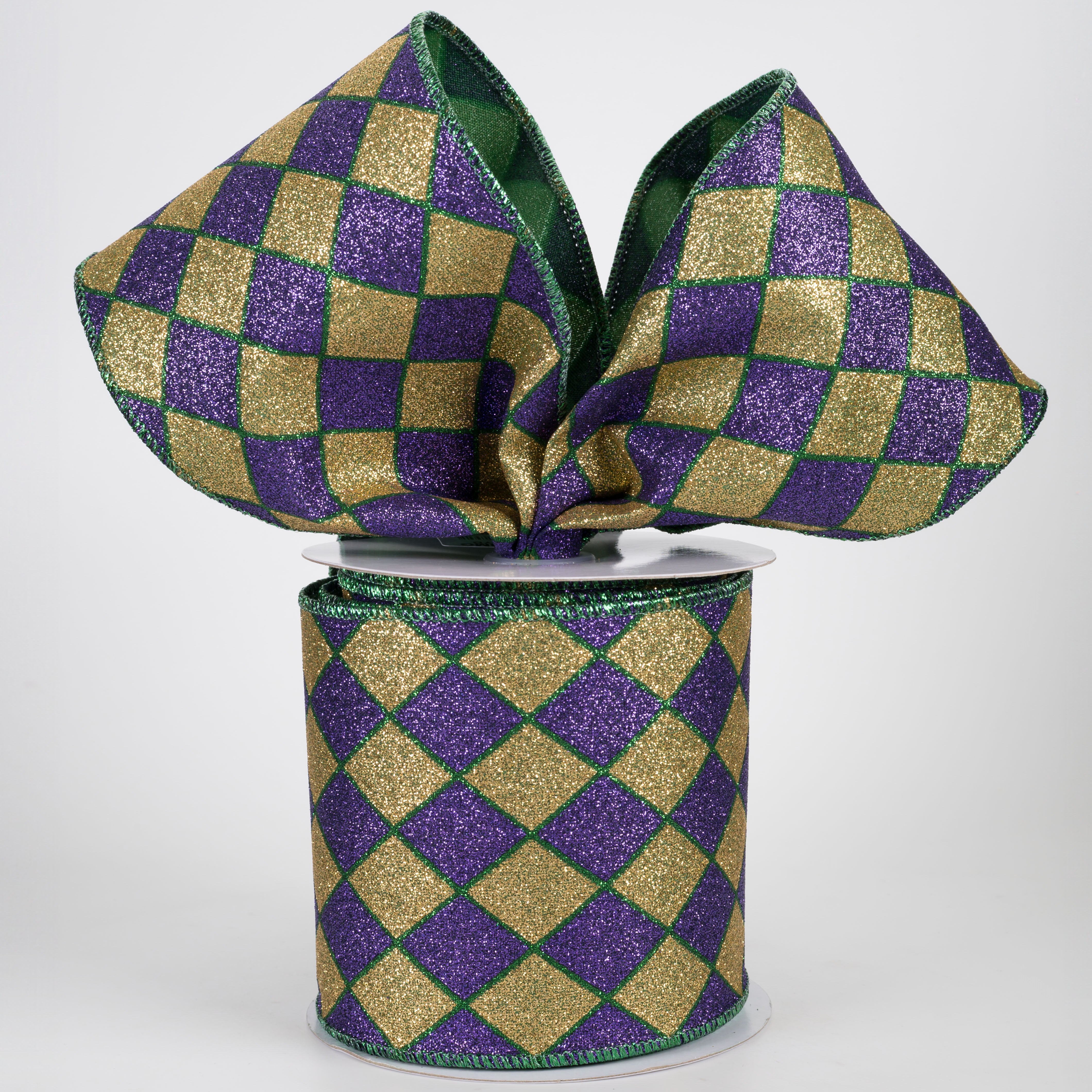 4" Harlequin Glitter Diamond Ribbon: Mardi Gras (10 Yards)
