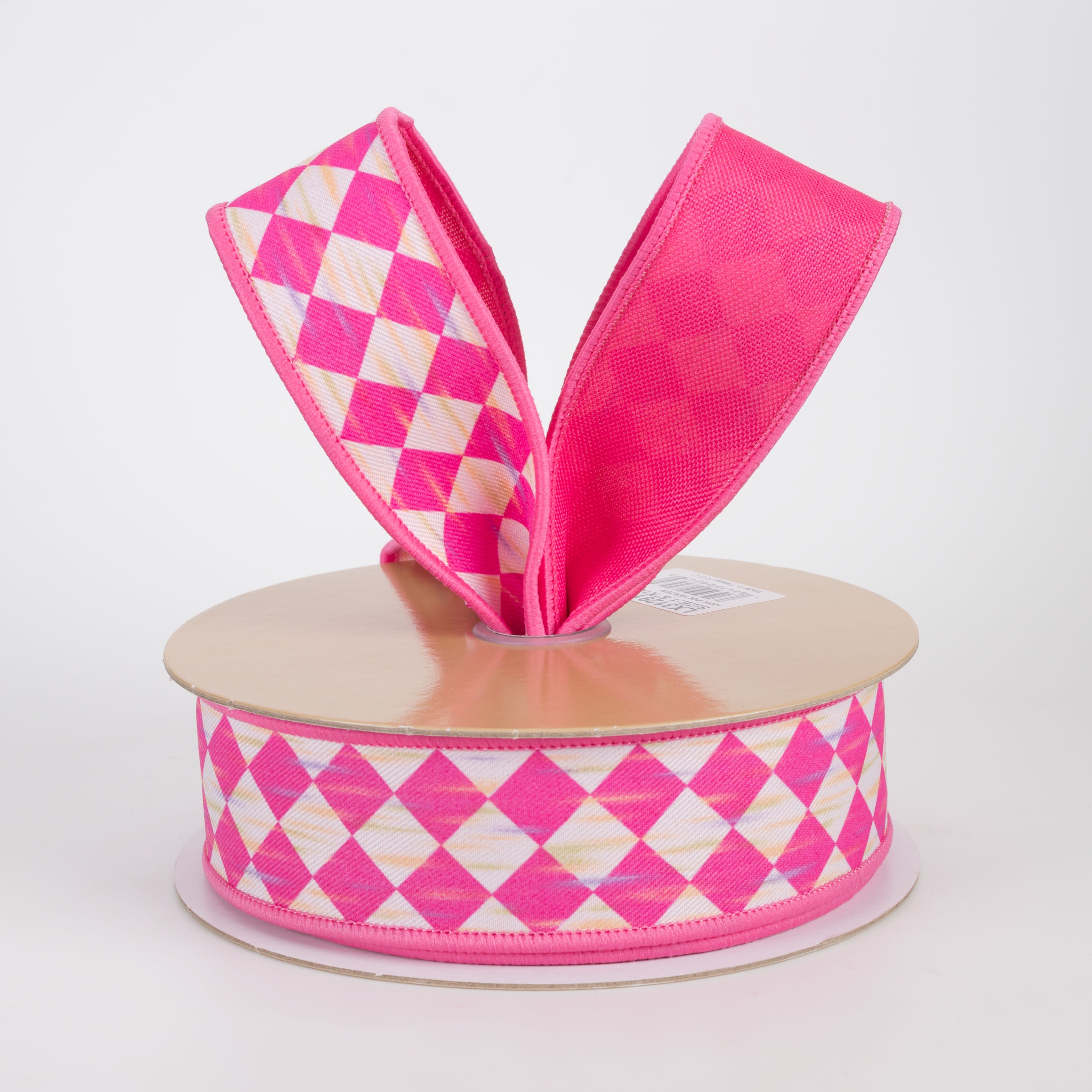 1.5" Double Sided Fused Antique Diamond Harlequin Ribbon: Hot Pink & White (10 Yards)
