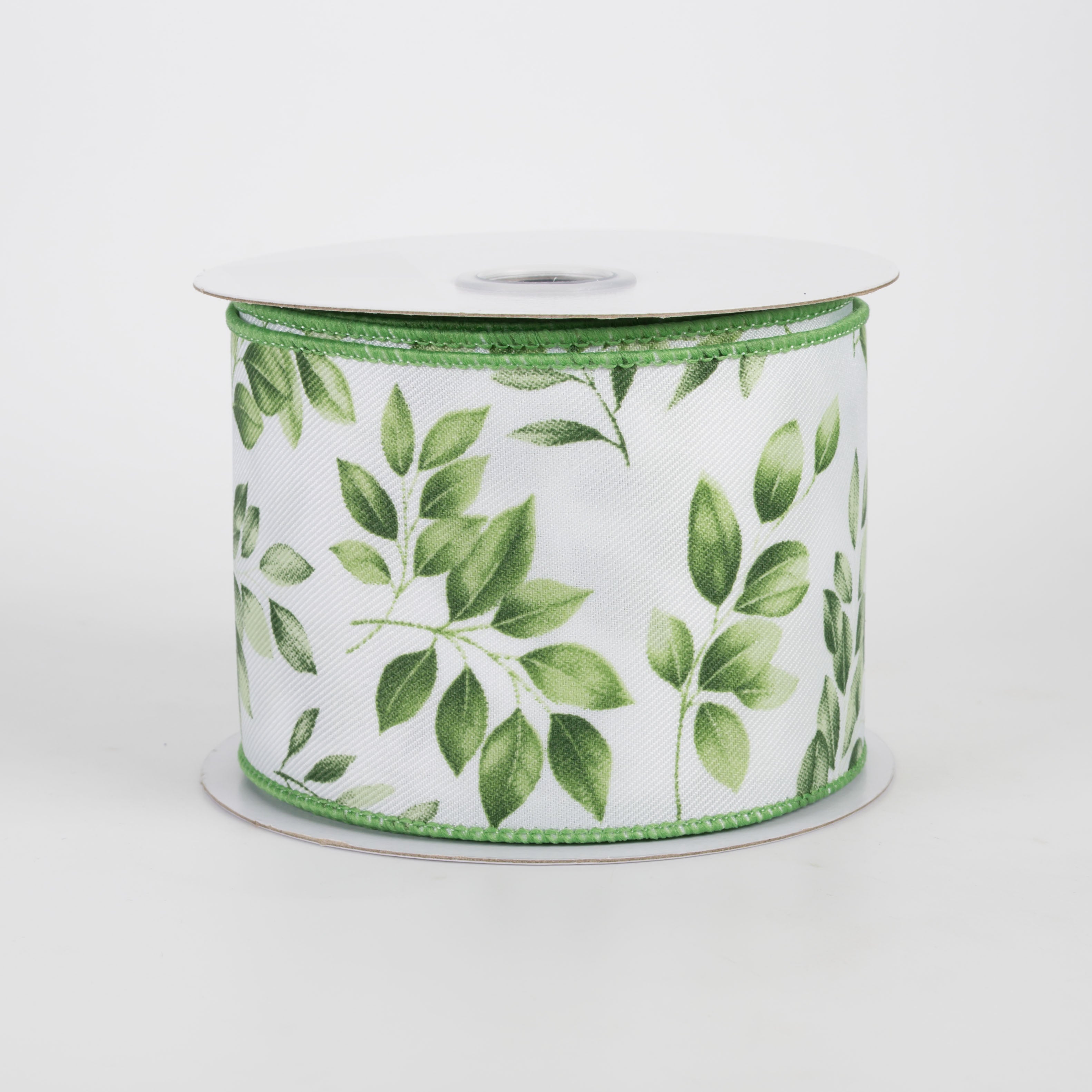 2.5" Greenery Leaves Ribbon: Greens on White (10 Yards)