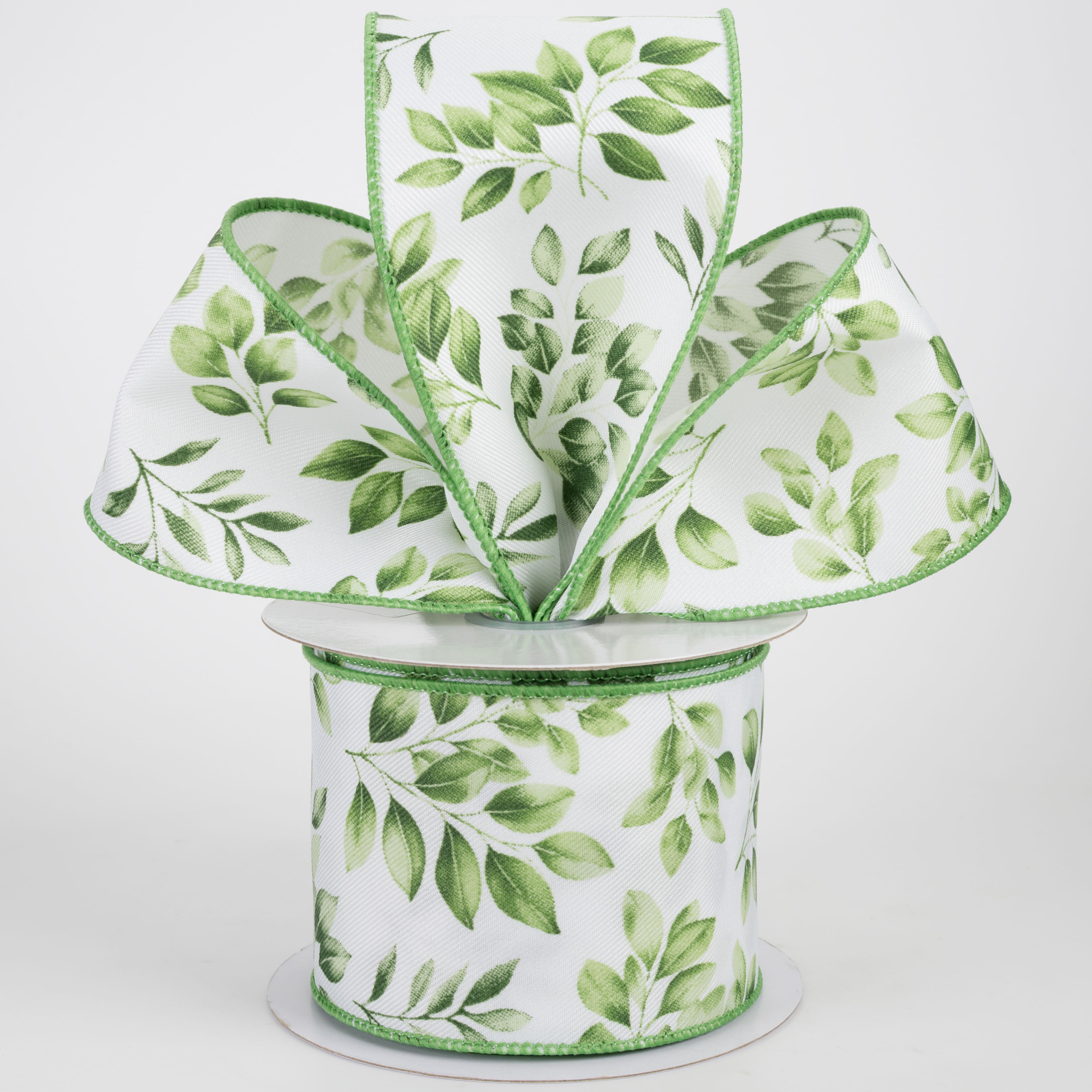 2.5" Greenery Leaves Ribbon: Greens on White (10 Yards)