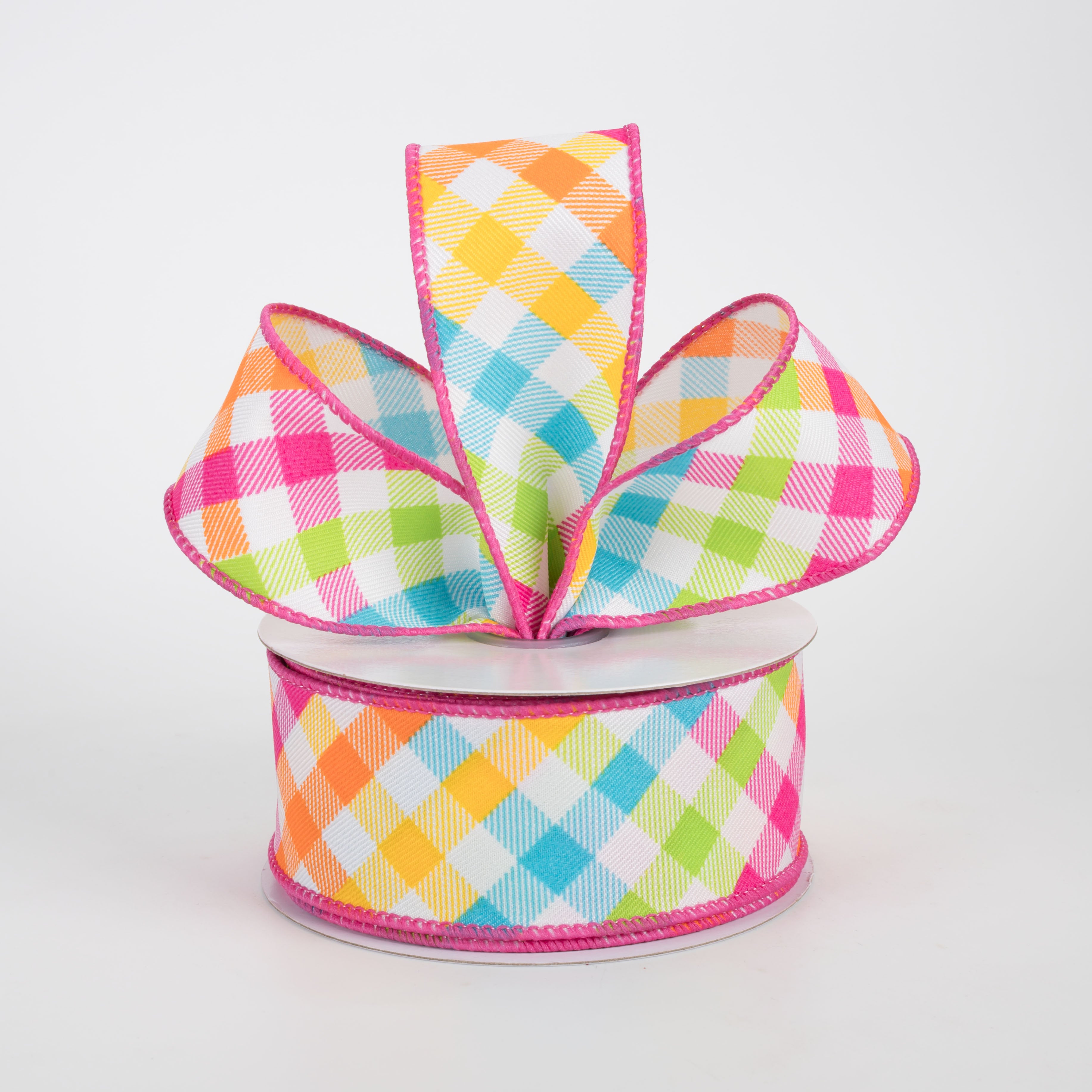 1.5" Multicolor Plaid on Diagonal Weave Ribbon: Neon Brights (10 Yards)