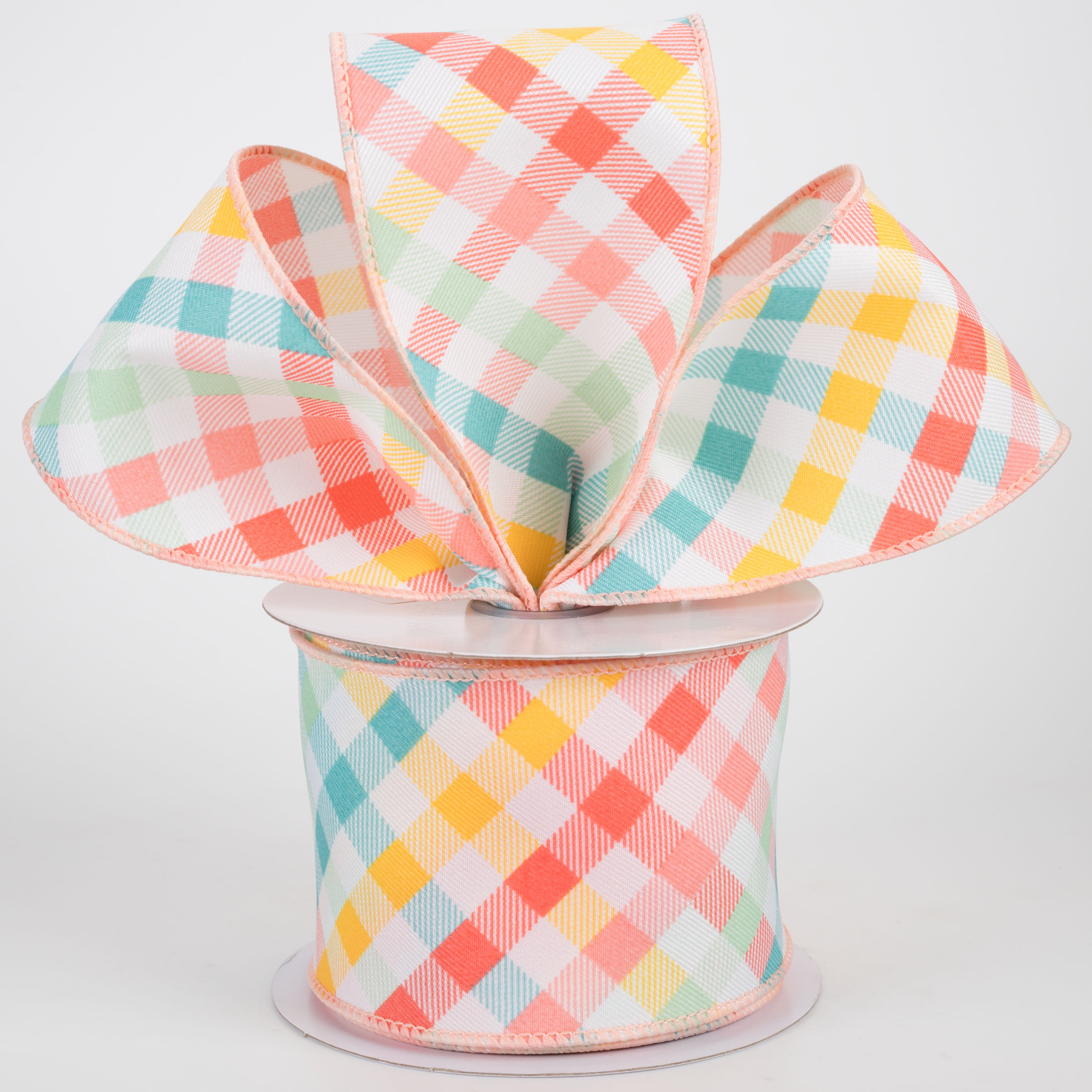 2.5" Multicolor Plaid on Diagonal Weave Ribbon: Bright Pastels (10 Yards)