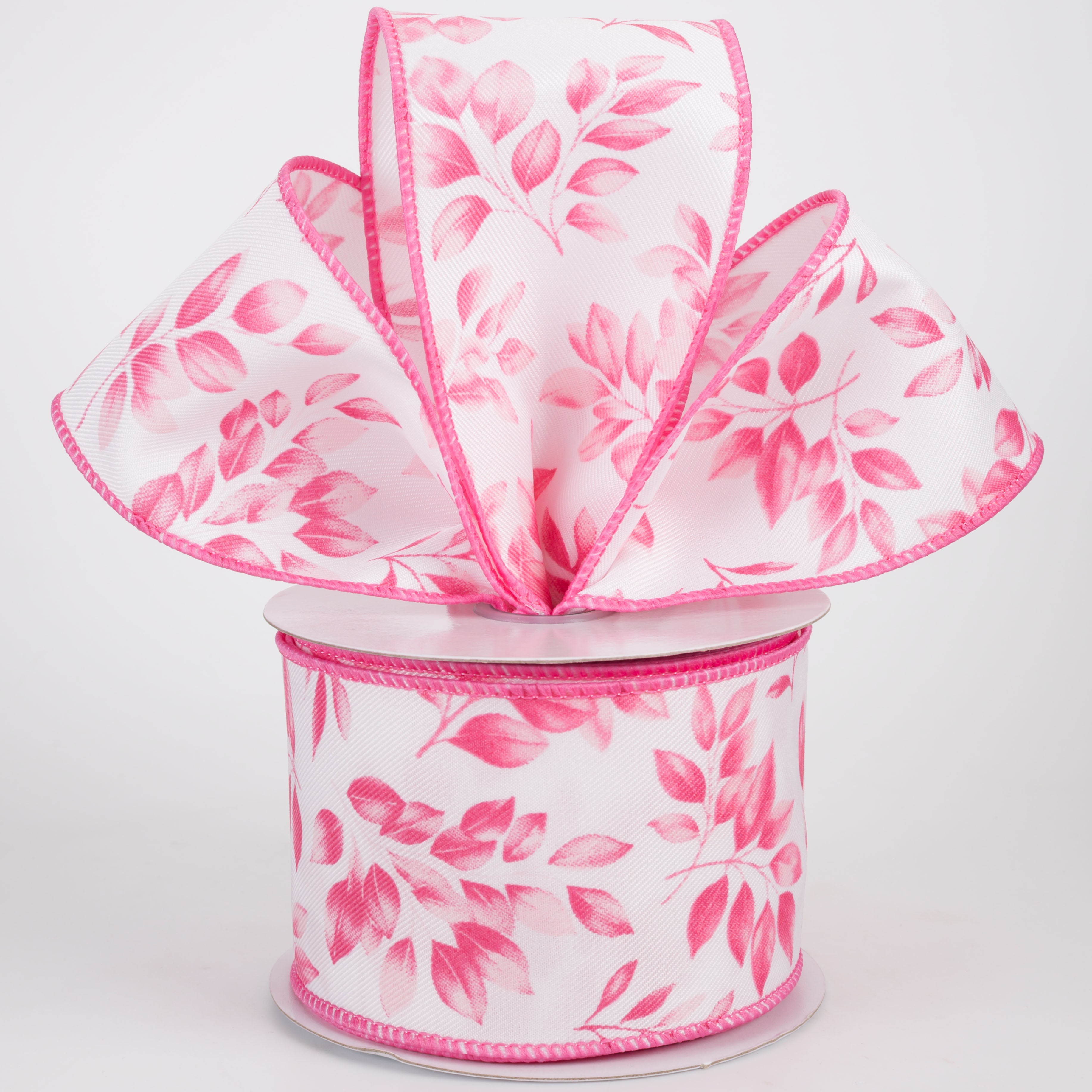 2.5" Greenery Leaves Ribbon: Pinks on White (10 Yards)