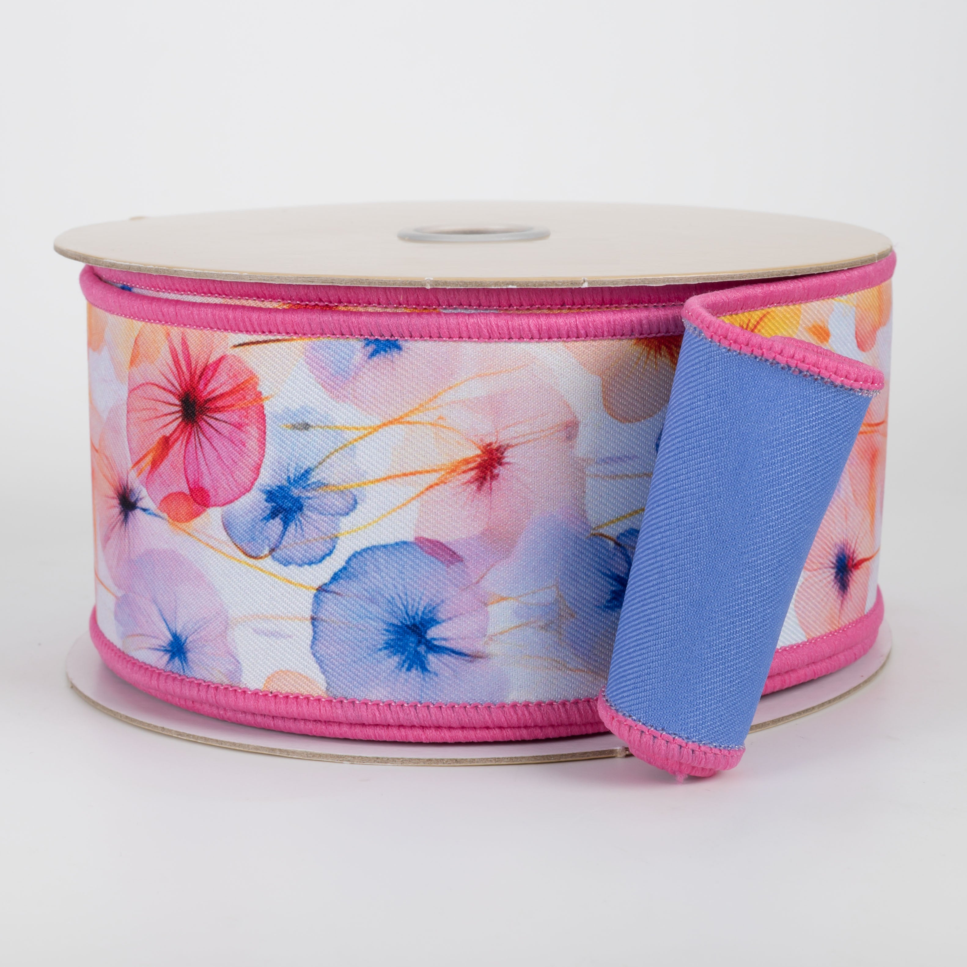 2.5" Double Sided Fused X-Ray Poppy Flowers Ribbon: Pink & Blue (10 Yards)